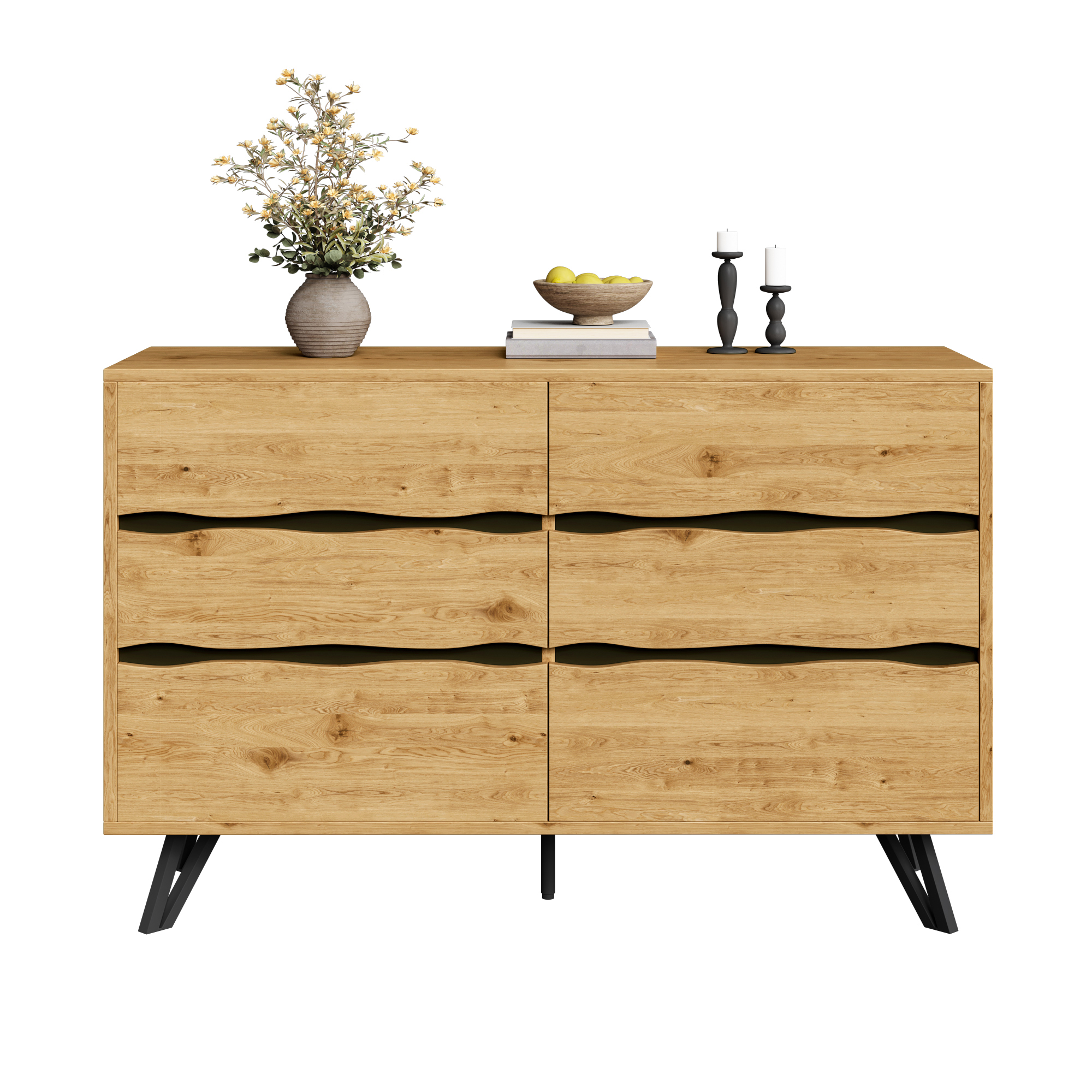 Modern Sideboard Cabinet With 6 Drawers  Wood Effect, Metal Feet, Plenty Of Storage Space, Minimalist Design, For Living Room & Dining Room  120x40x75.5 Cm