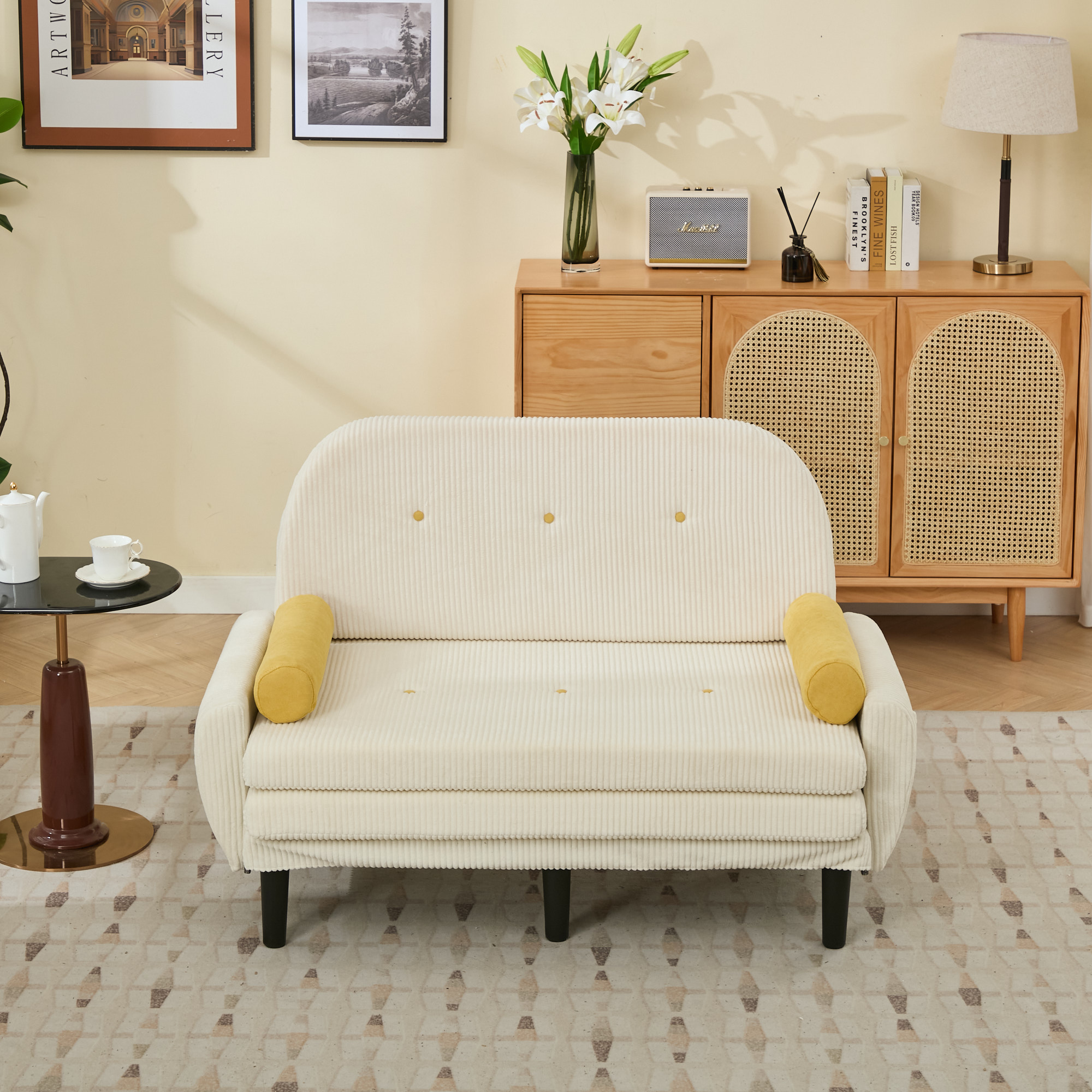 Ivory Corduroy Loveseat Sofa For The Living Room, As A Daybed And Recliner With Storage Space.
