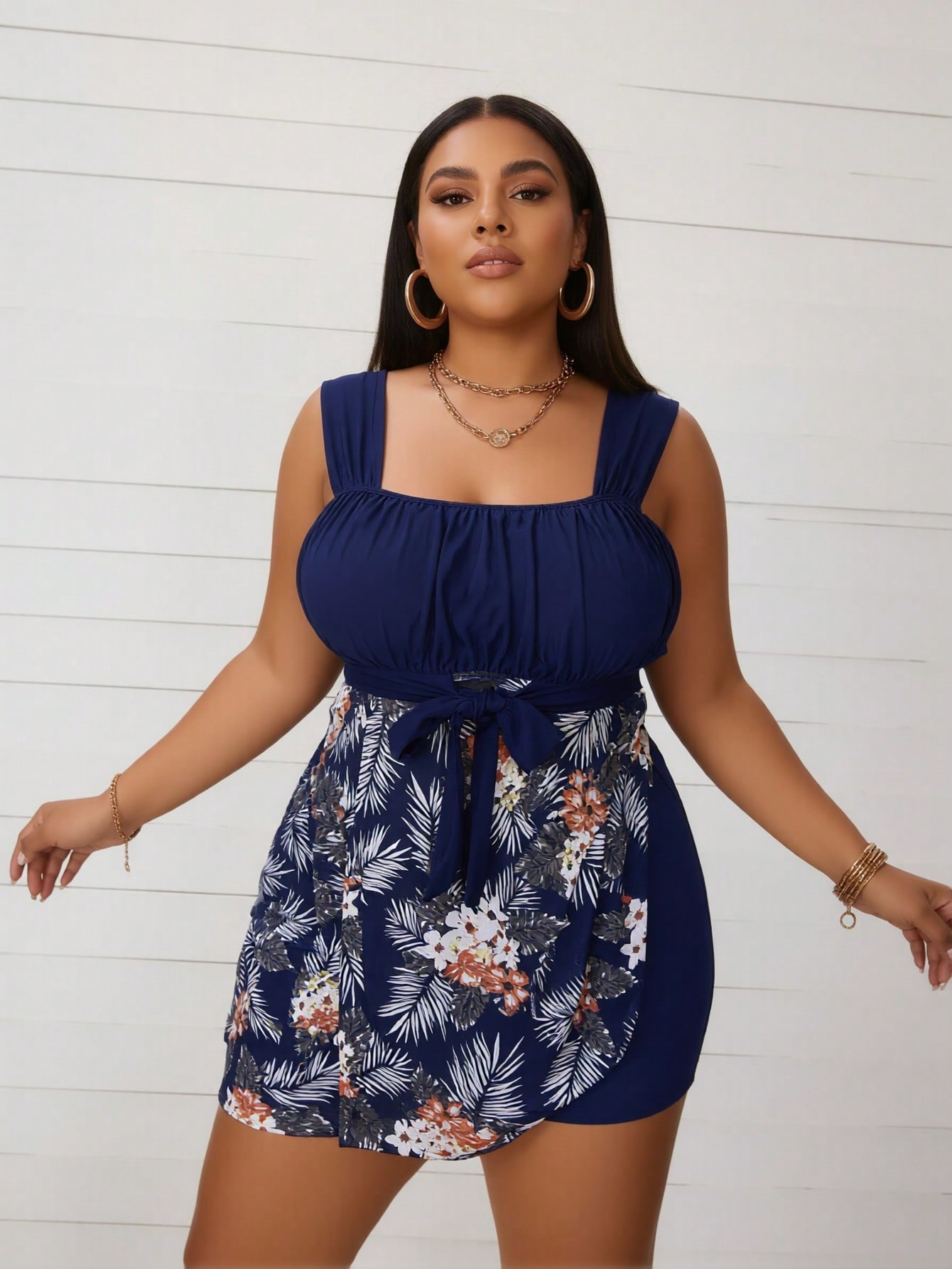 2026 New Plus Size Swimsuit Women's Navy Floral Print Tie-Front Swimdress Set For Beach Vacation, Modest & Slim Fit
