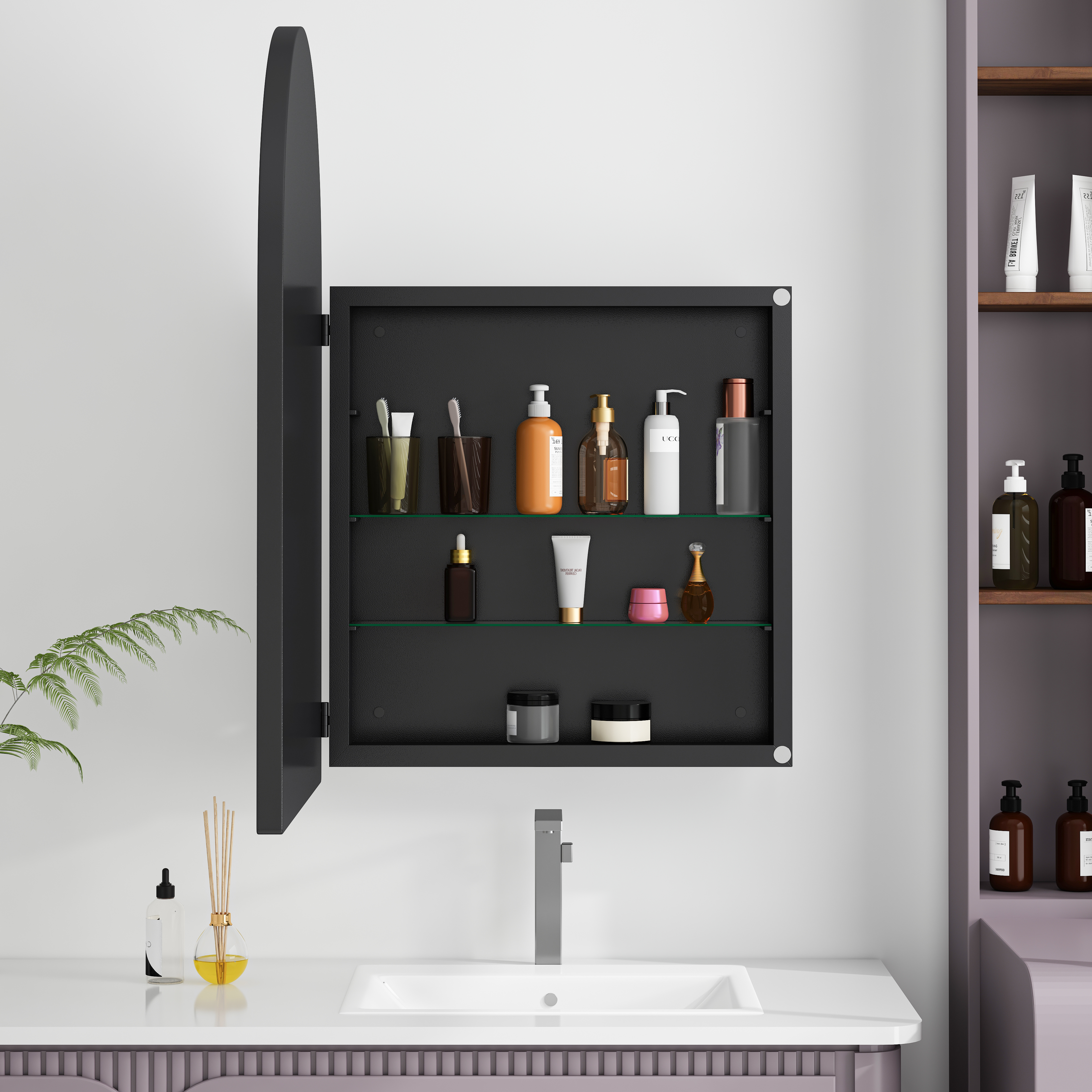 Stylish Arched Mirror Cabinet, Recessed Medicine Cabinet, Wall Cabinet With Metal Framed, Mirror And Adjustable Shelves, Mirror Cabinet With Storage For Bathroom, Living Room And Bedroom, Black — foto 2