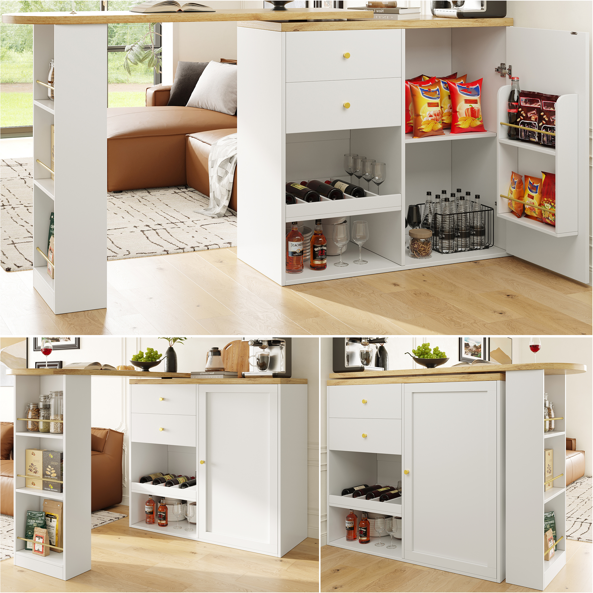 Swivel Bar Table  Main Body 105 X 39 X 102 Cm , With 2 Drawers And Sliding Door Cabinet, 3 Levels Of Open Storage, Suitable For Dining Room Study Living Room, Etc