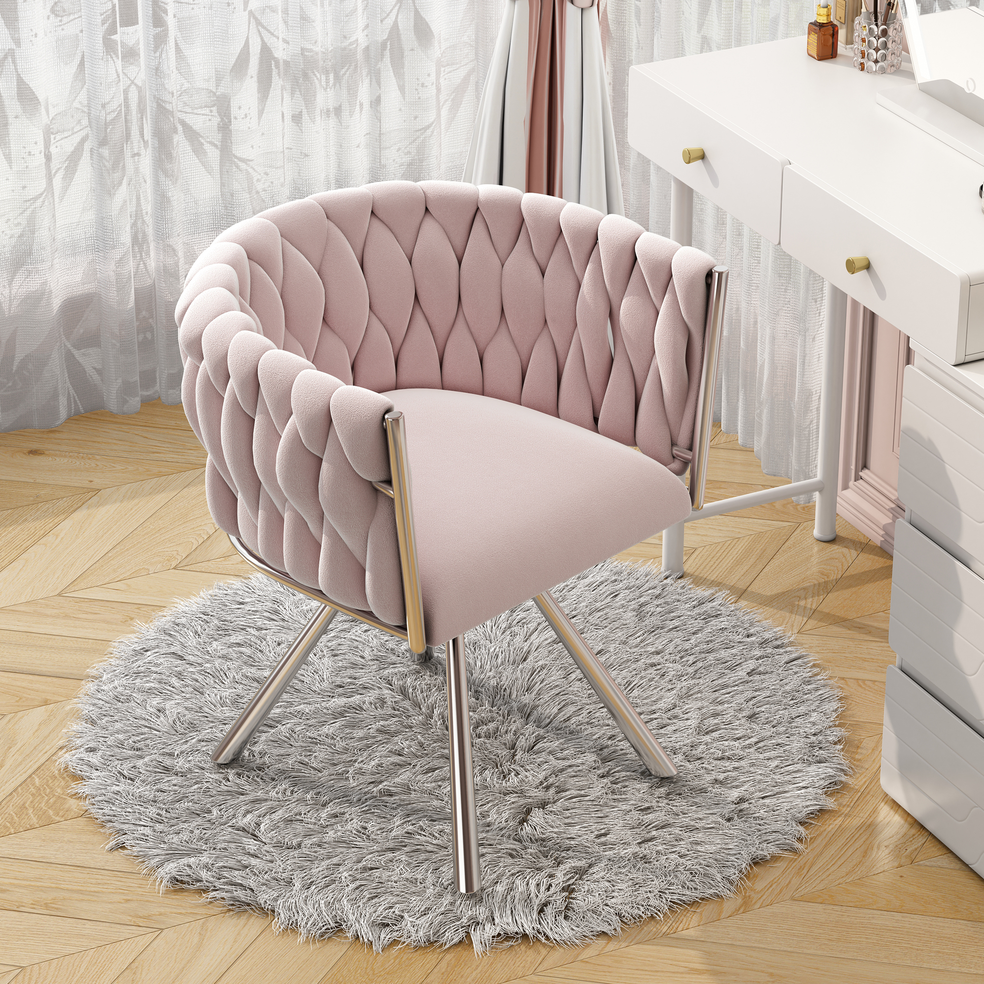 Velvet Makeup Chair, 1pc, Single Luxurious Bedroom Swivel Chair, Leisure Swivel Chair, Four Metal Support Legs,