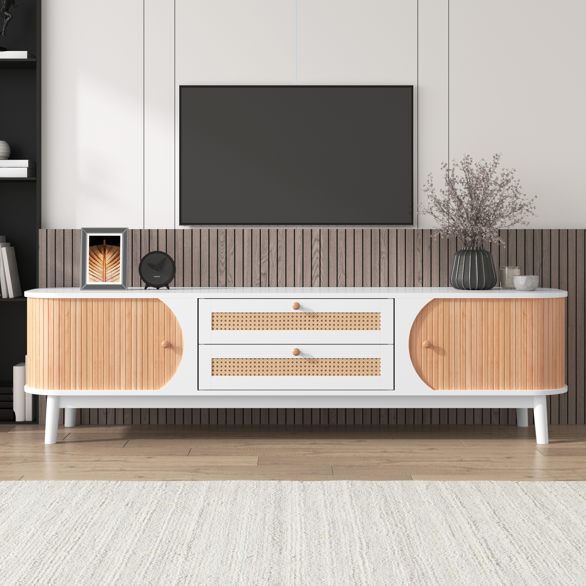 TV Cabinet-Natural Wood Blend TV Cabinet With Doors And Drawers. TV Stand With Rattan Sides. Storage Solution, Natural Country Style.