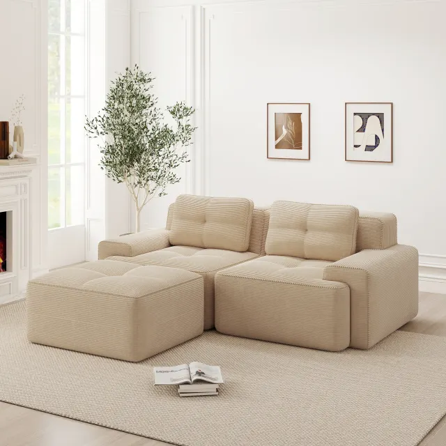 Modulares Cordsofa in L-Form, Beige