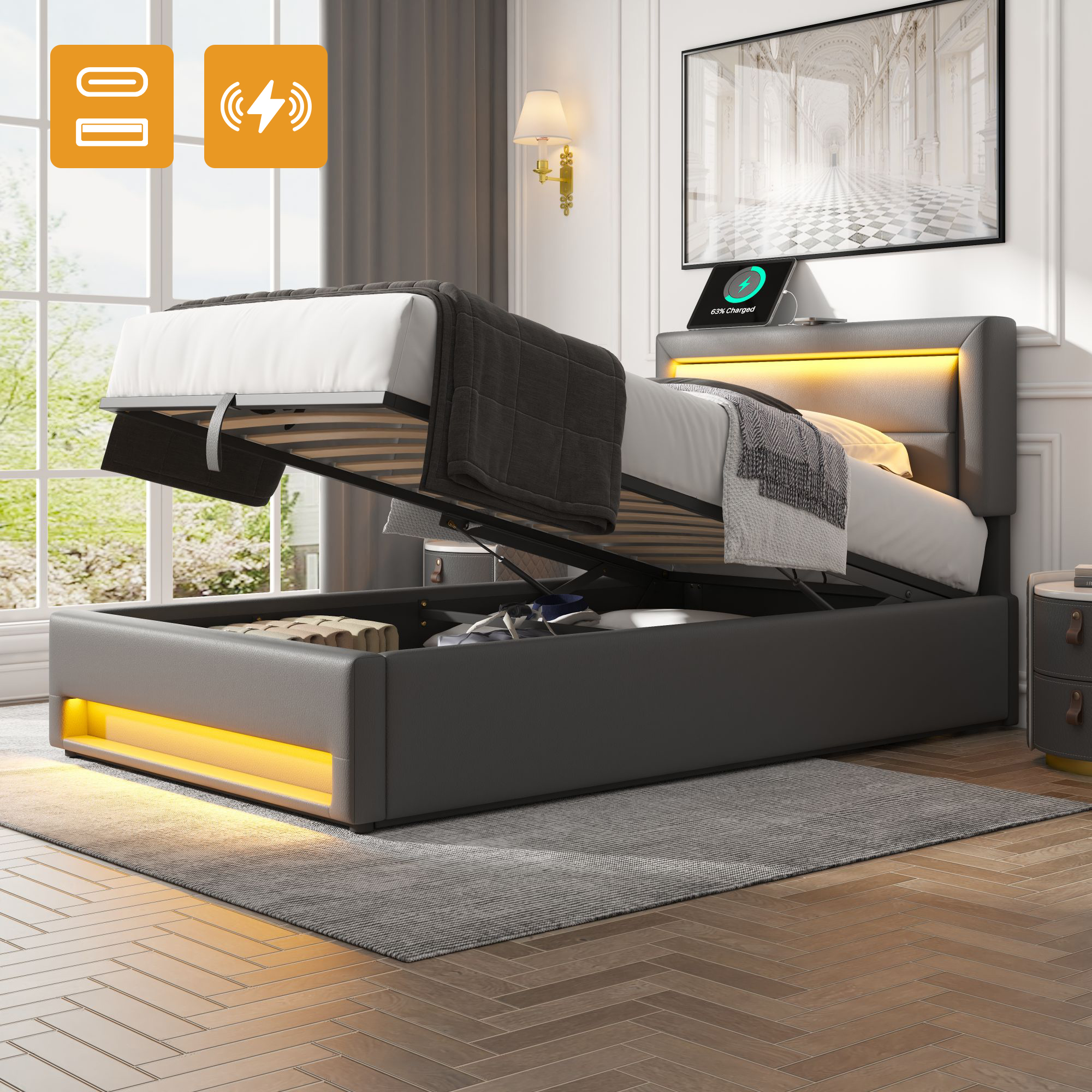 Upholstered Bed 90 X 190 Cm, With USB Port  Supports Wireless And Wired Charging , With LED Lighting And Storage, Without Mattress, PU Lychee Pattern,Grey
