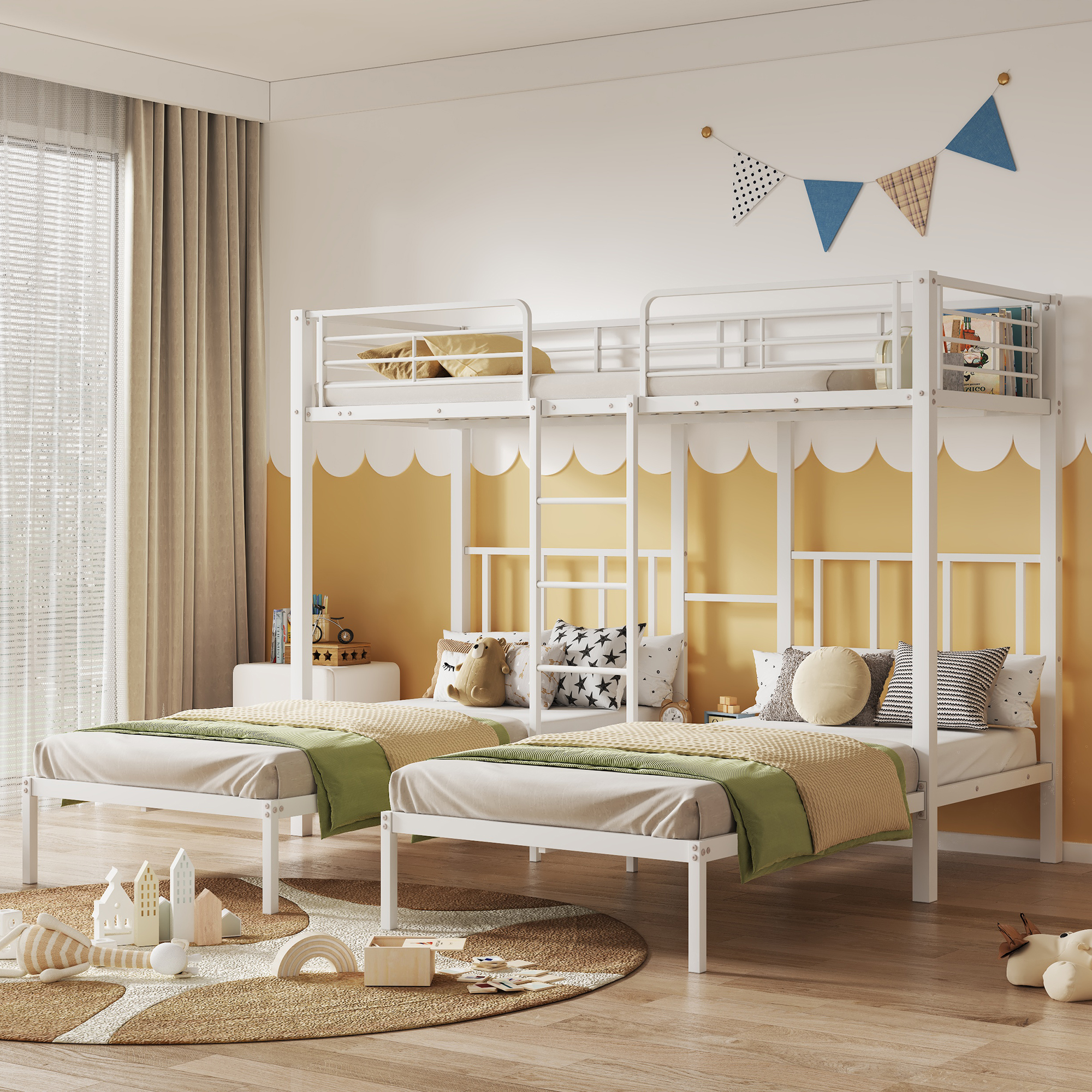 30544849WAA Triple Bed, Triple Bunk Bed With Ladder For Children And Teenagers, Iron Bed With Safety Gate And Table, White 90x200cmX3
