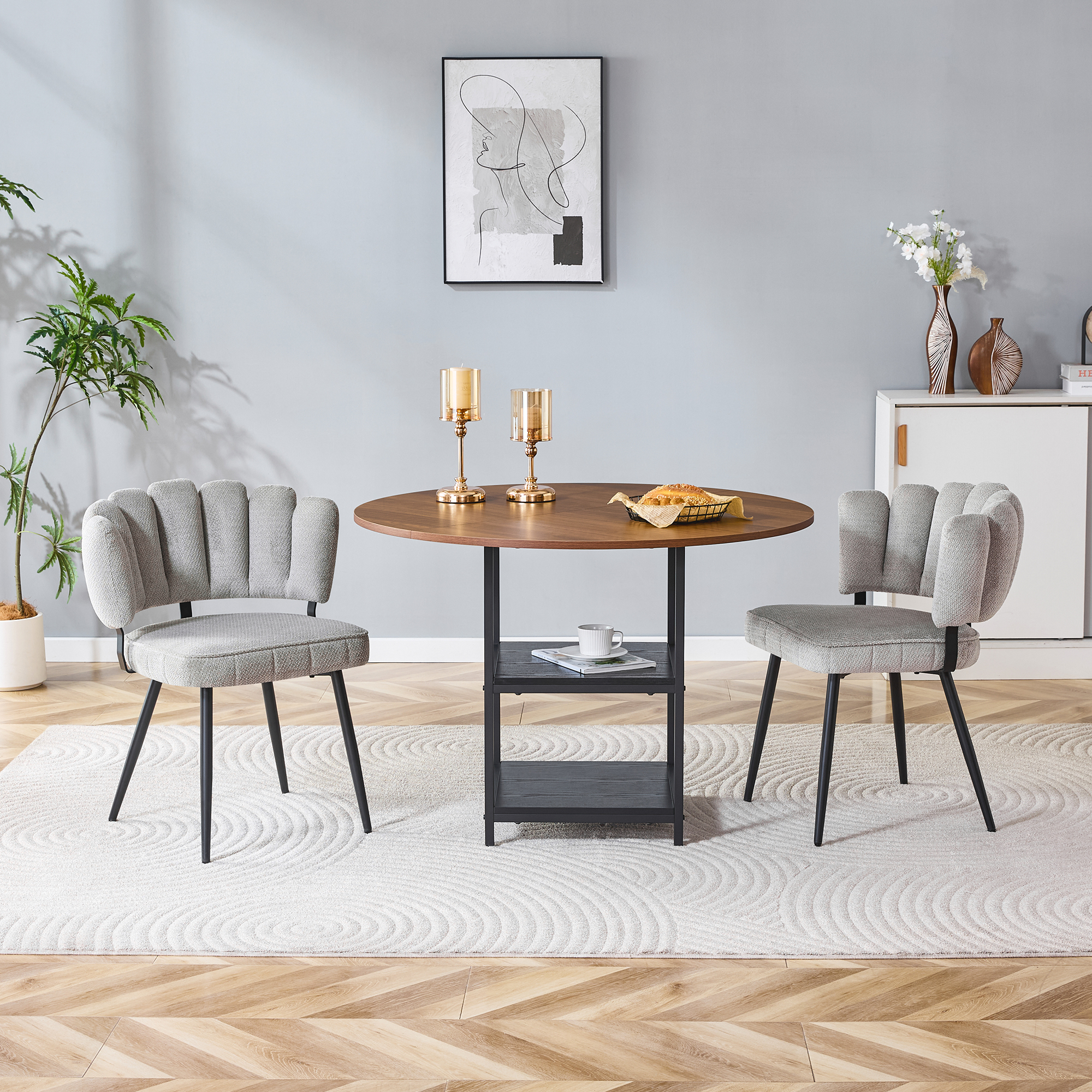 Table And Chair Set. Round 107 Cm Walnut Dining Table With Double Storage Level  2 Grey Fabric Dining Chairs With Textured Flower-shaped Backrest  Ideal For Small Apartments.