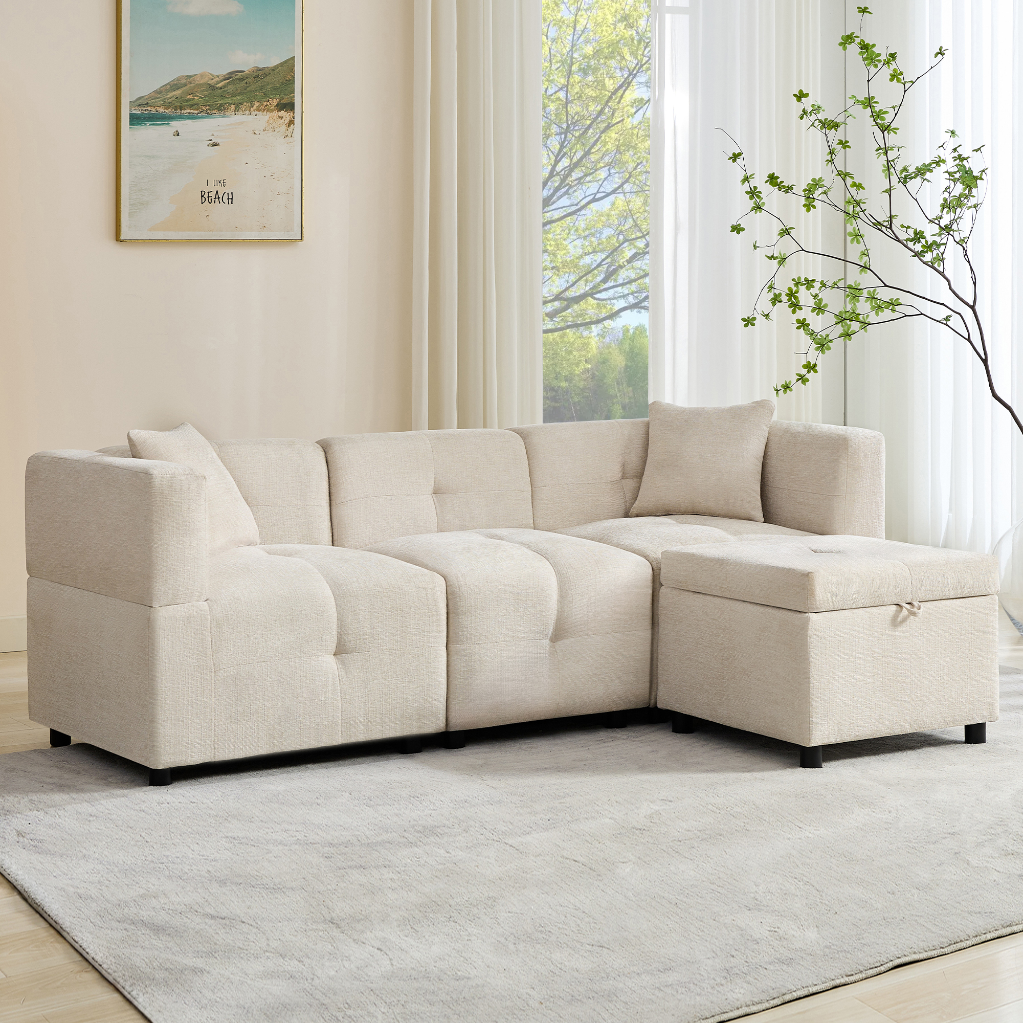 3 Seater Sofa, Corner Sofa With Storage, L-shaped Corner Sofa With Removable Footstool And 2 Cushions, Suitable For Living Room, Office, Etc. Video Available