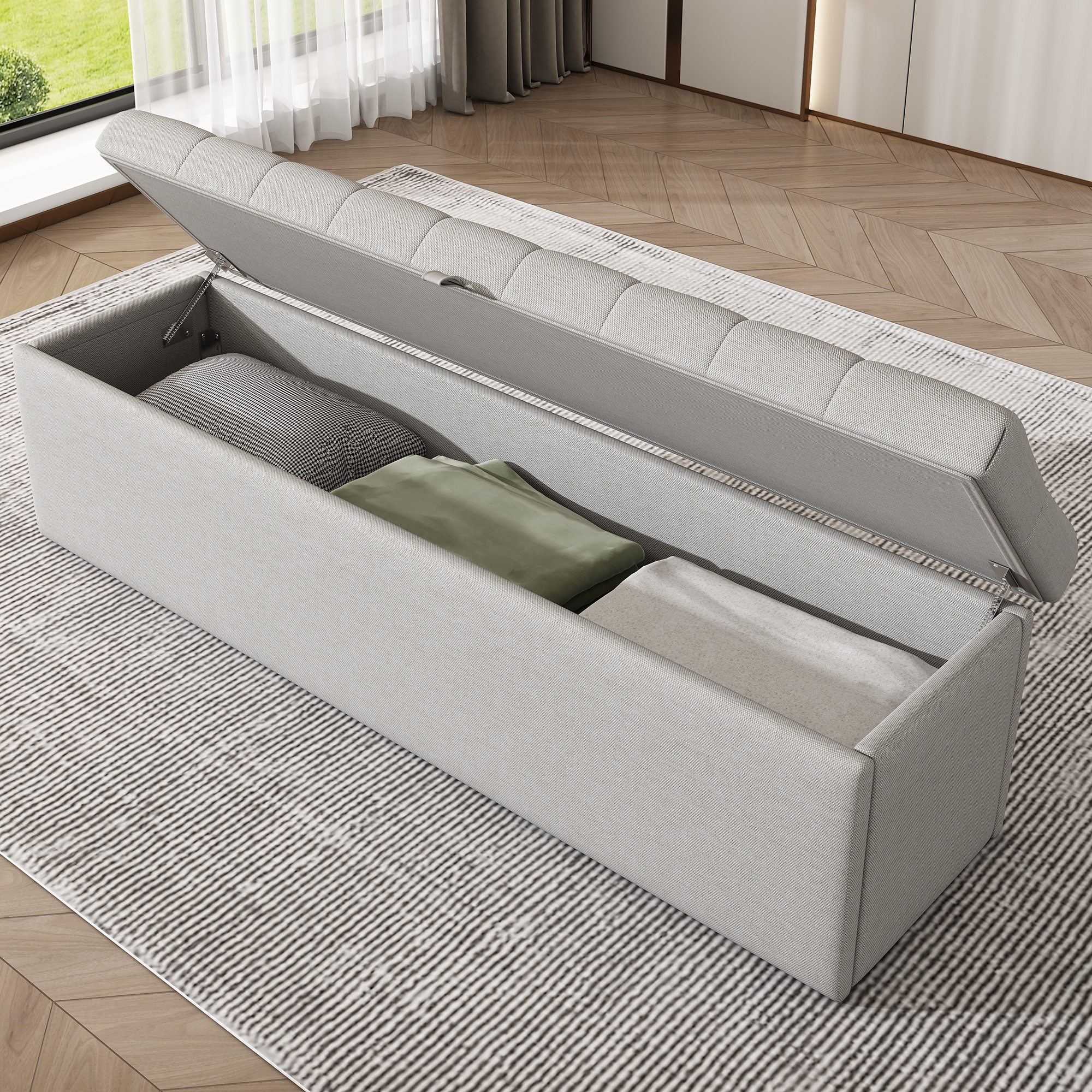 Linen, Upholstered Bench, 141X41.5X47cm LXWXH ,Upholstered Bench, Bed Stool, Bench With Storage Space, Light Grey