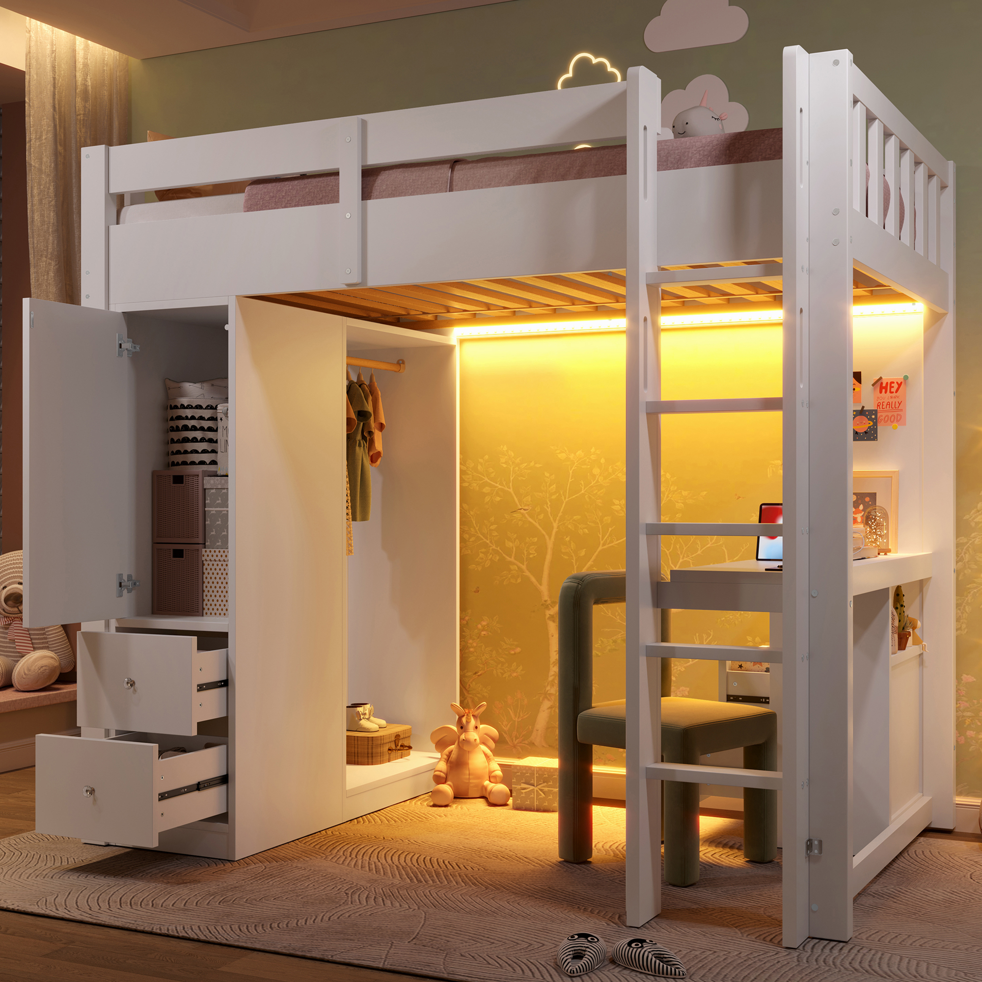 90x200 Loft Bed With 4 Drawers And 1 Storage Cupboard, Underbed Desk, Open Wardrobe, LED Light And USB, White