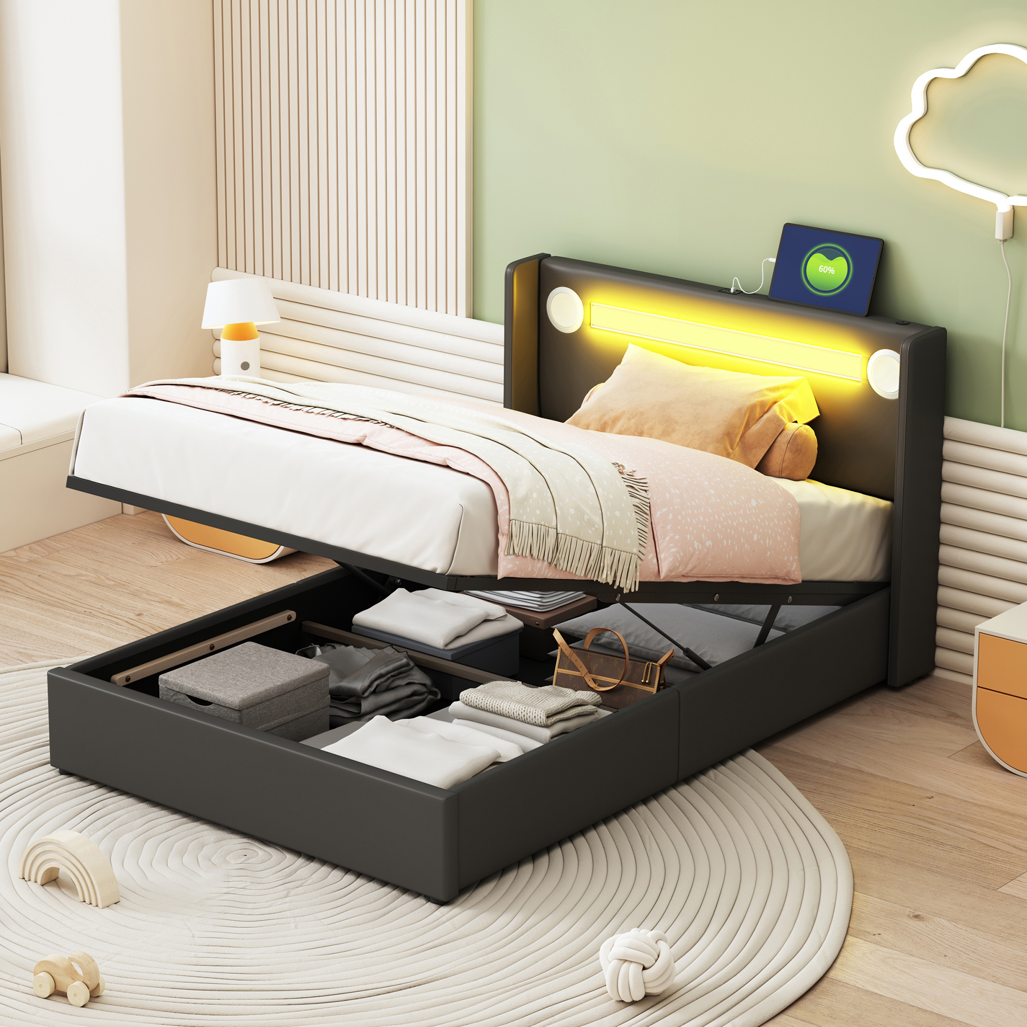 Upholstered Bed Cot 90x200 Bed With LED Light Strip, Bluetooth Player And USB Charging, PU Leather Storage Bed, Loft Bed Box, Youth Bed With Slatted Frame