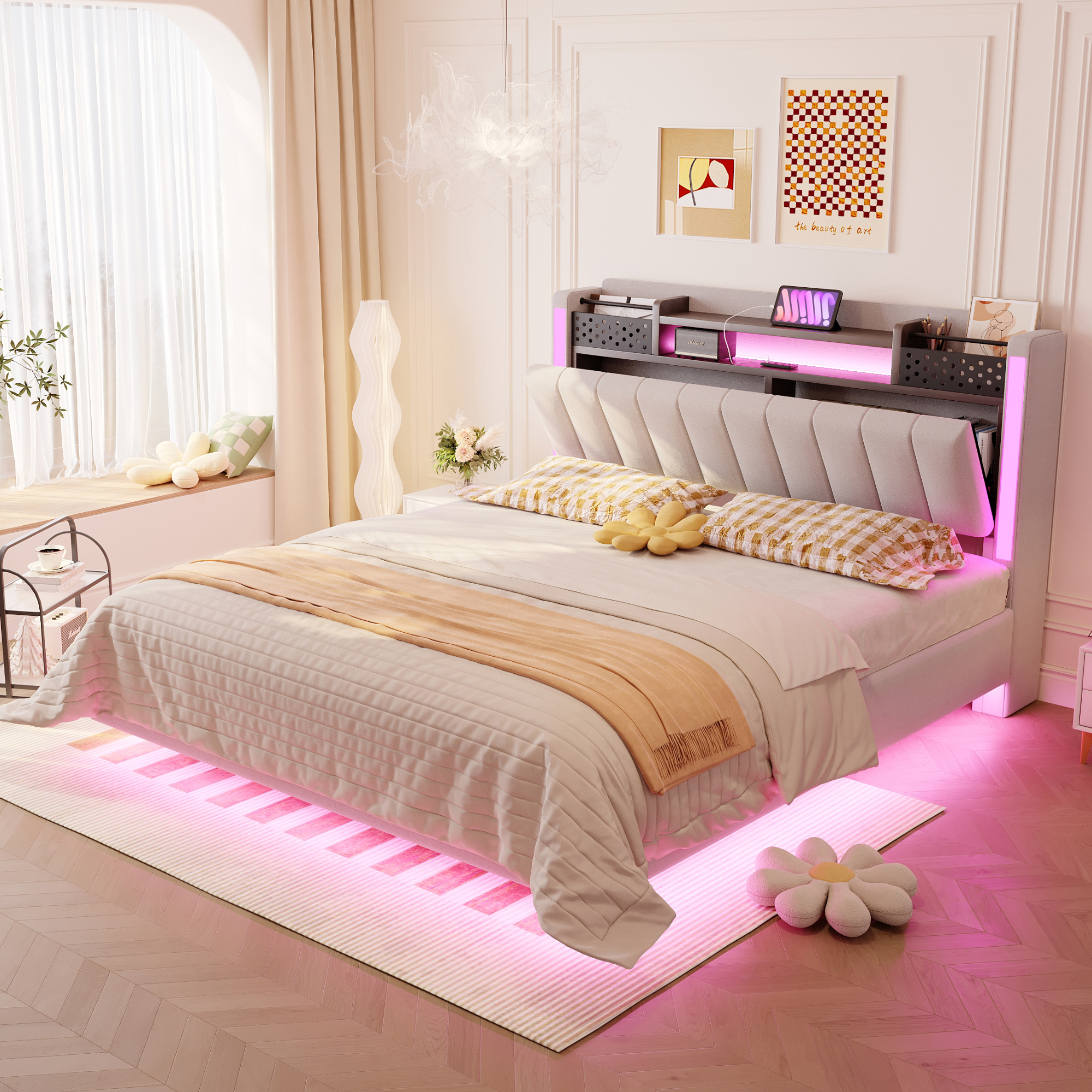 Upholstered Bed 140X200 With LED Lighting And USB Socket, Headboard With Storage Space, Floating Bed Youth Bed Adult Bed, Linen Fabric, Beige