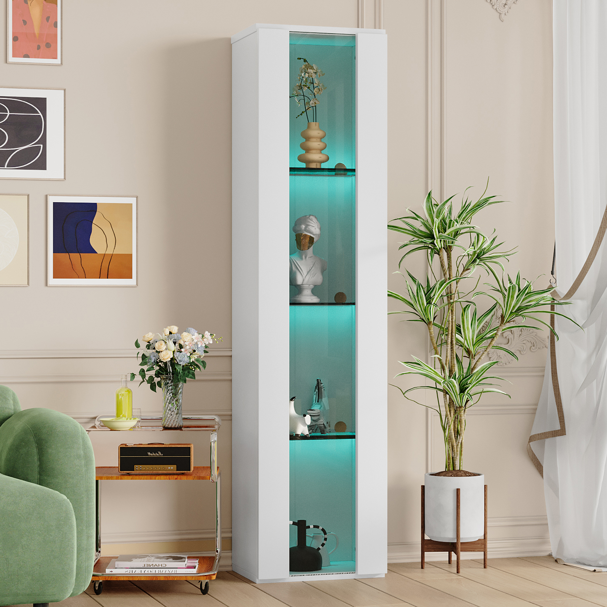 40 X 29 X 170 Cm, Multifunctional Display Case, Glass Partition, LED Color Changing Light, App Setting, Acrylic Plate, Simple Design, White 3