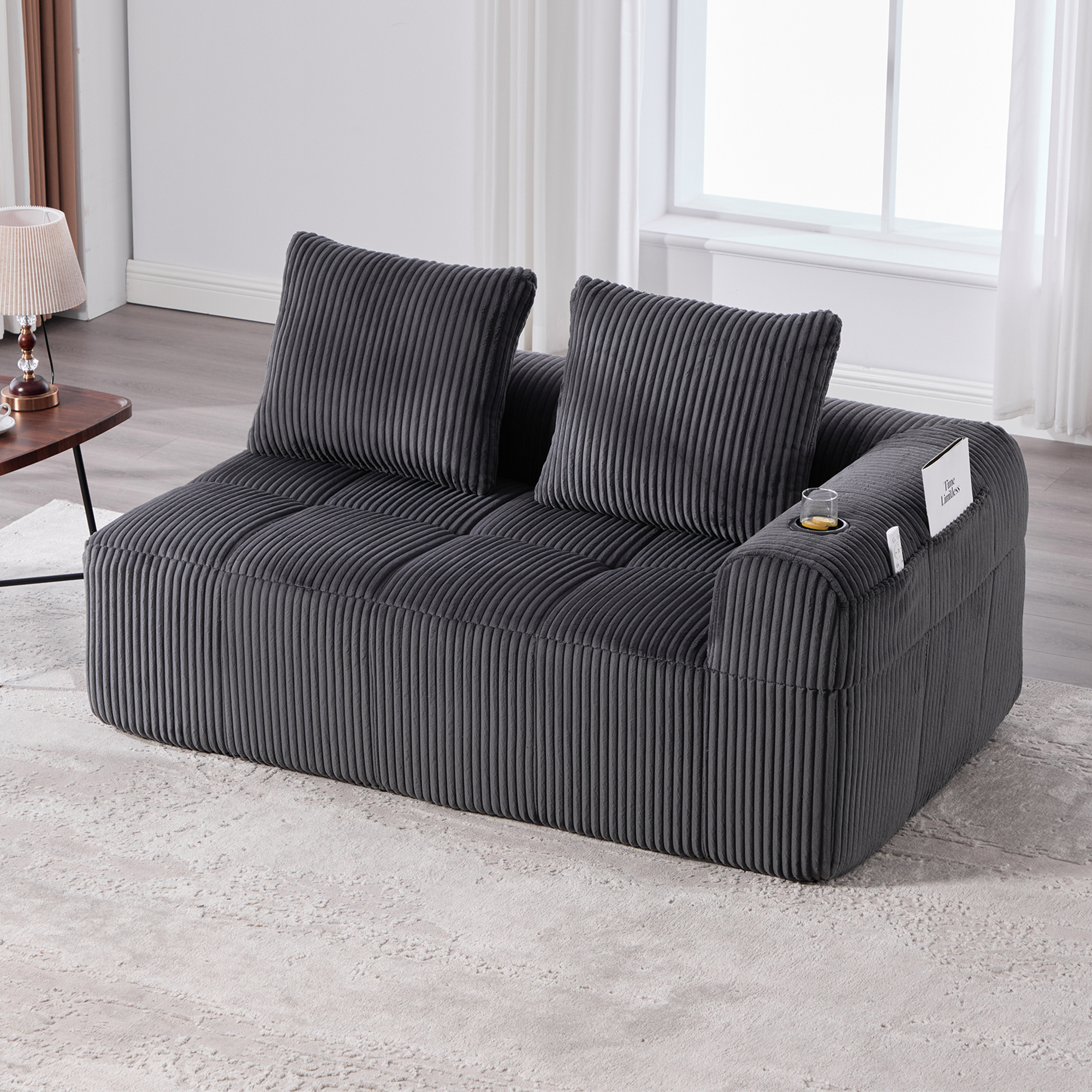 Cozy Corduroy Fabric Two-Seater Sofa  Without Assembly, Soft Back Cushions, Side Storage Pocket For Remote Control And Mobile Phone, Integrated Cup Holder  Neat And Aesthetic.