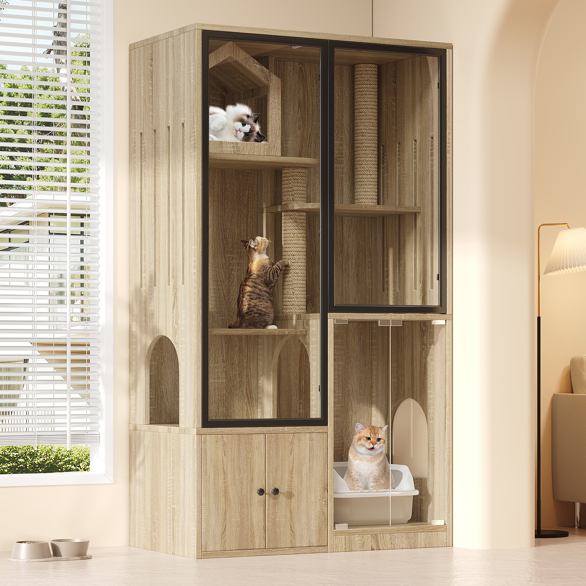 Cat Cage, Cat House, Cat Villa, Glass Cat House, Four Story Large Cat Fence, Winterproof Cat House, Winterproof Small Animal House, With Scratching Post, Natural Wood Color, 90x50x160cm