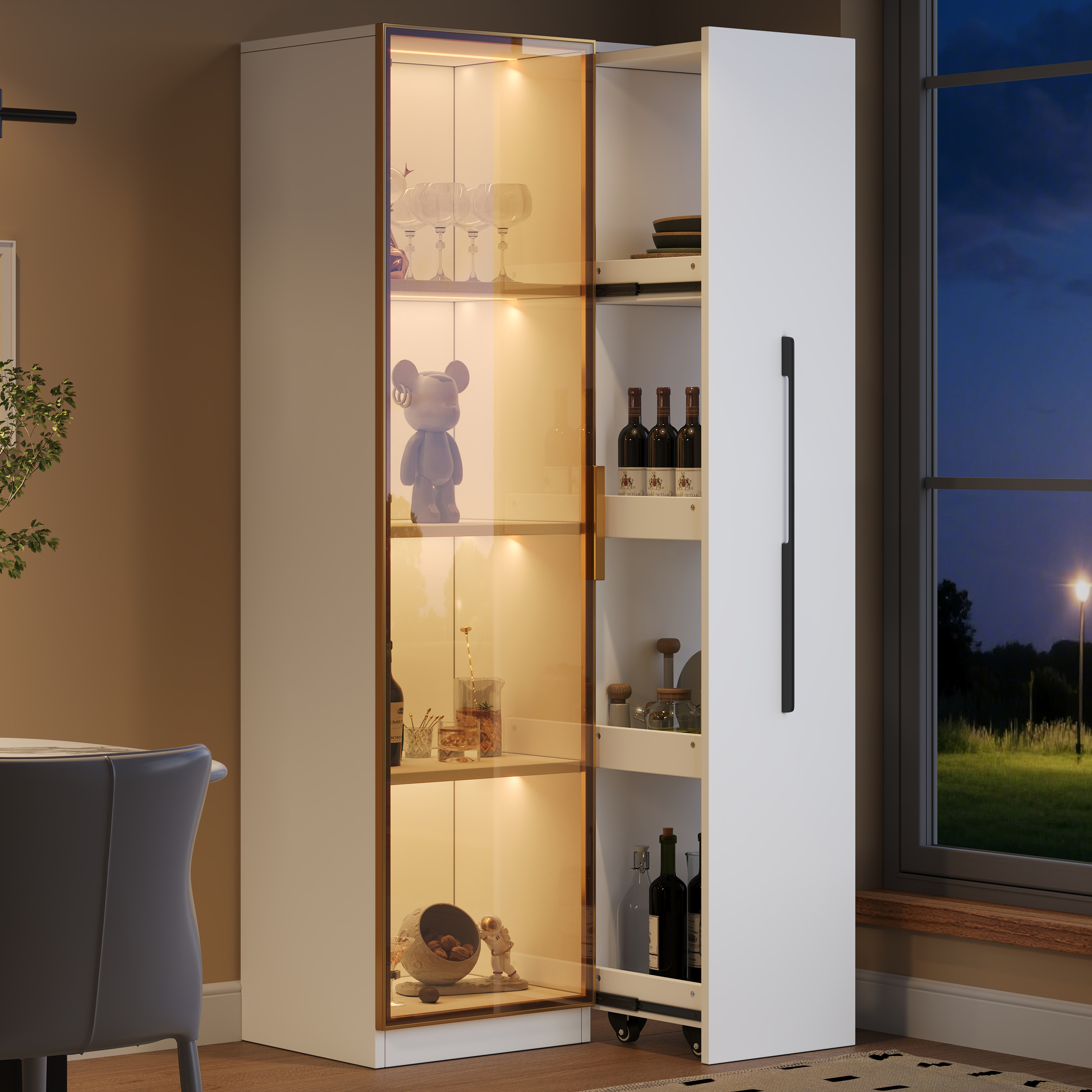 70x40x160cm Display Cabinet With Glass Doors, Side Drawers And Integrated LED Lighting.An Elegant, Versatile Display And Storage Cabinet  Wine Cabinet, Bookcase, Dining Room