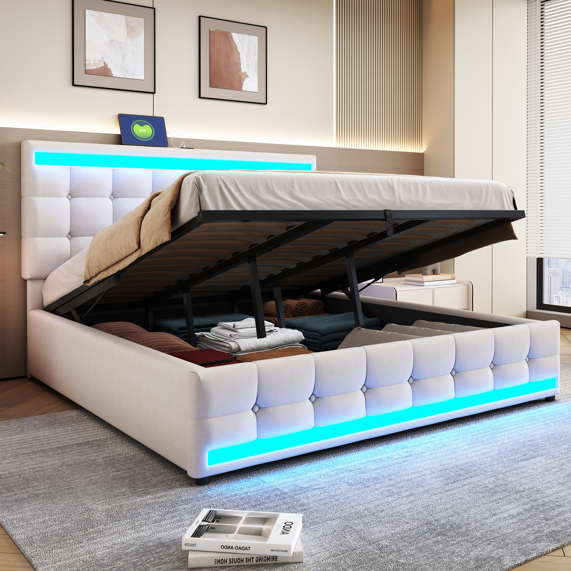 Upholstered Bed 180x200 Hydraulic Storage Children's Bed With USB And Color Changing LED Light Strip, Beige Linen Single Bed
