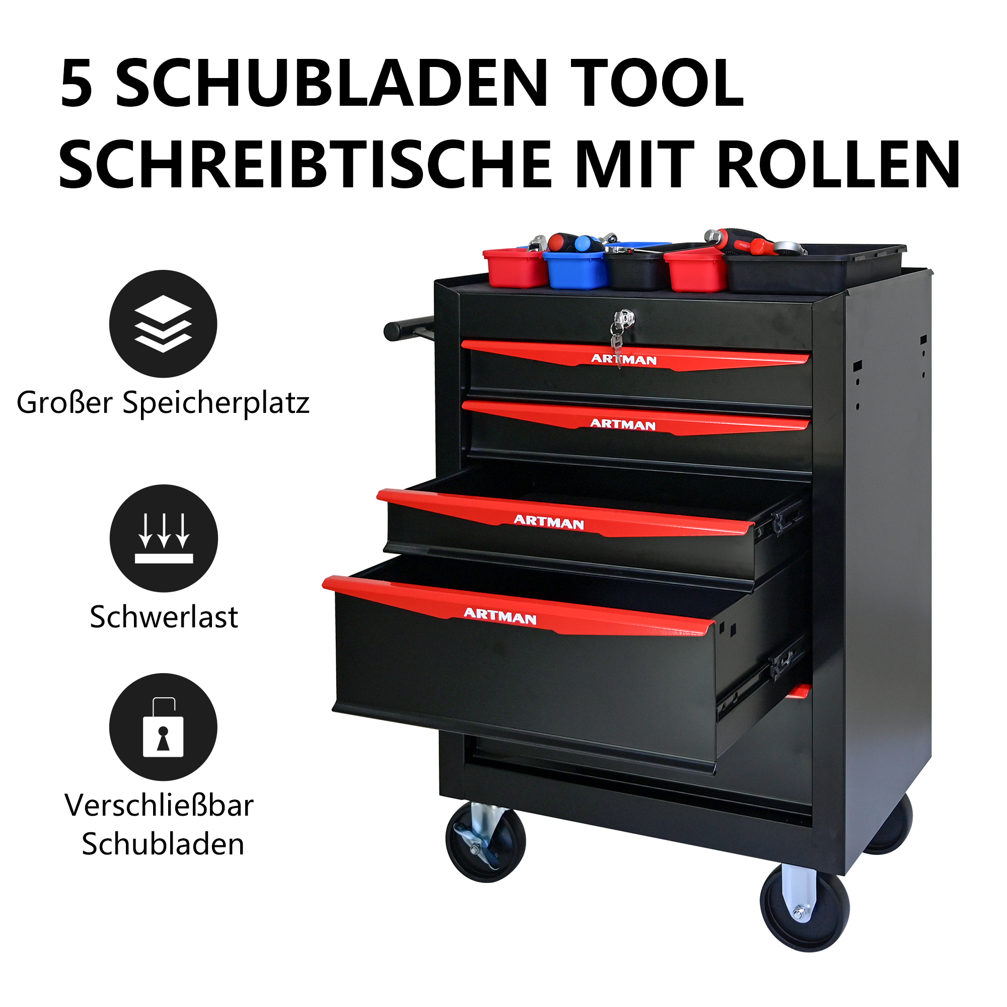 Rolling Metal Toolbox With 5 Drawers, 5 Shy Tool Cabinet With Ball Bearing Drawer Slides, Steel Tool Storage Box Organizer Black&Red 5
