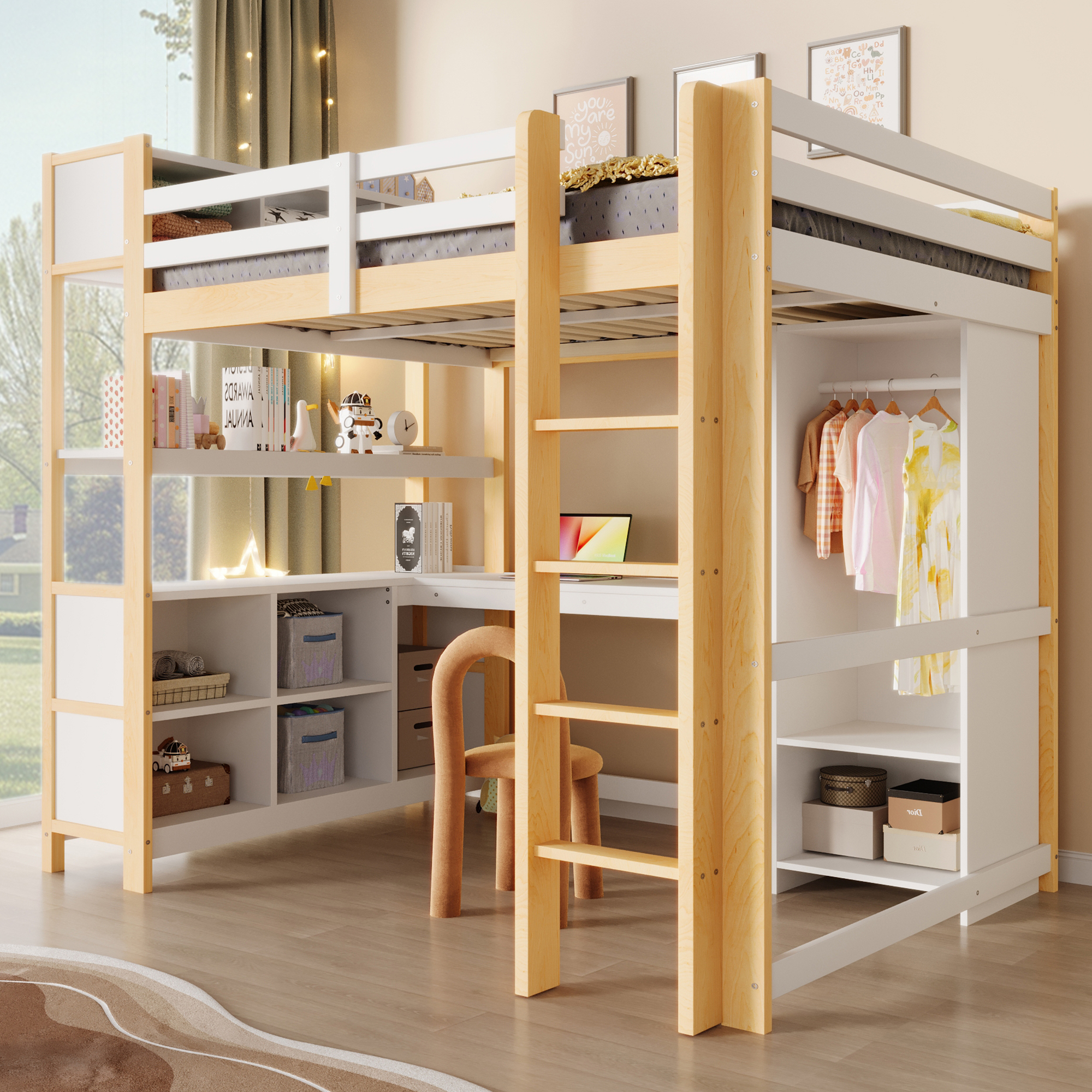 Loft Bed, 140x200 Cm, Shelves, Several Storage Compartments, Desk, Wardrobe, Without Mattress, Natural
