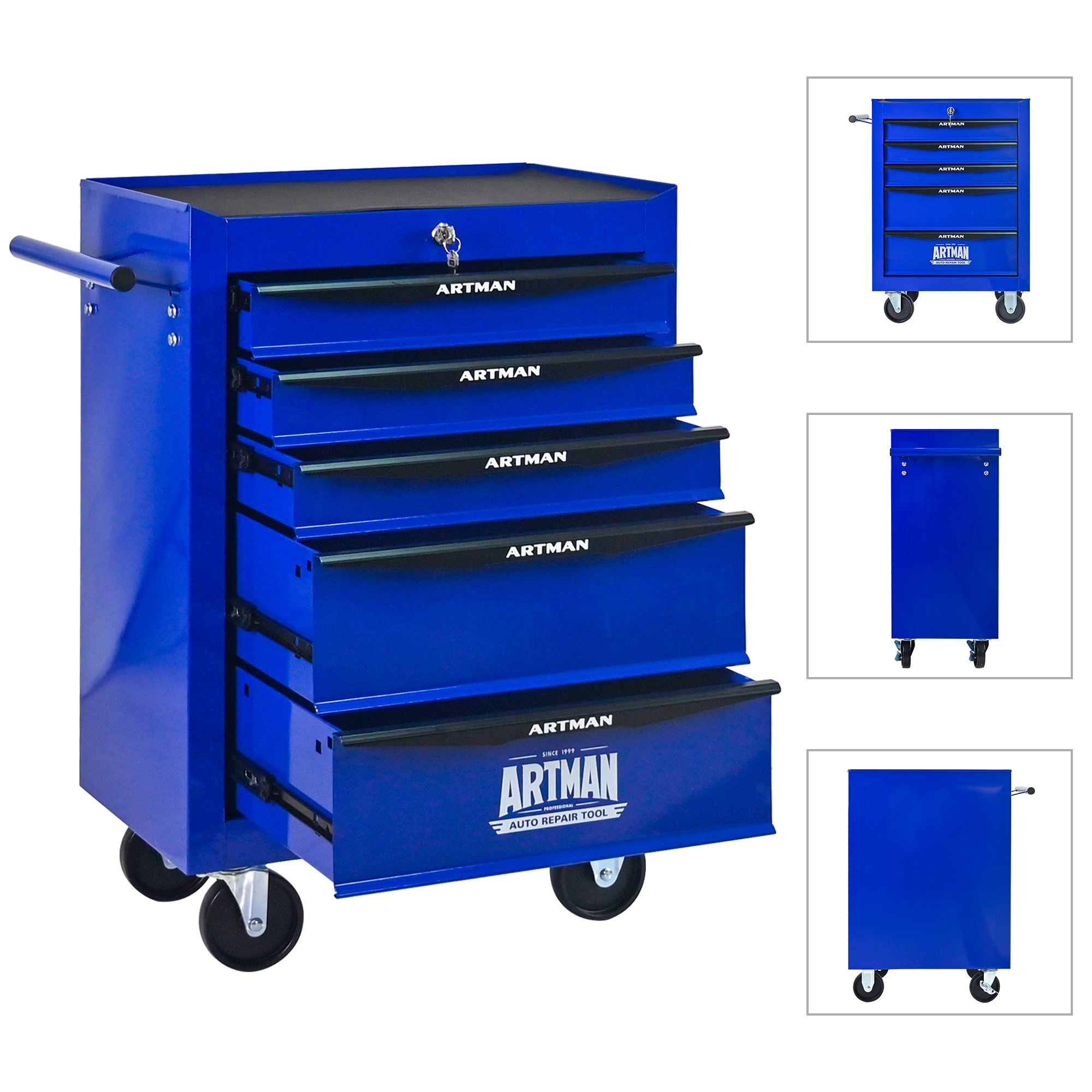 Rolling Metal Toolbox With 5 Drawers, 5 Shy Tool Cabinet With Ball Bearing Drawer Slides, Steel Tool Storage Box Organizer Black&BLUE 2