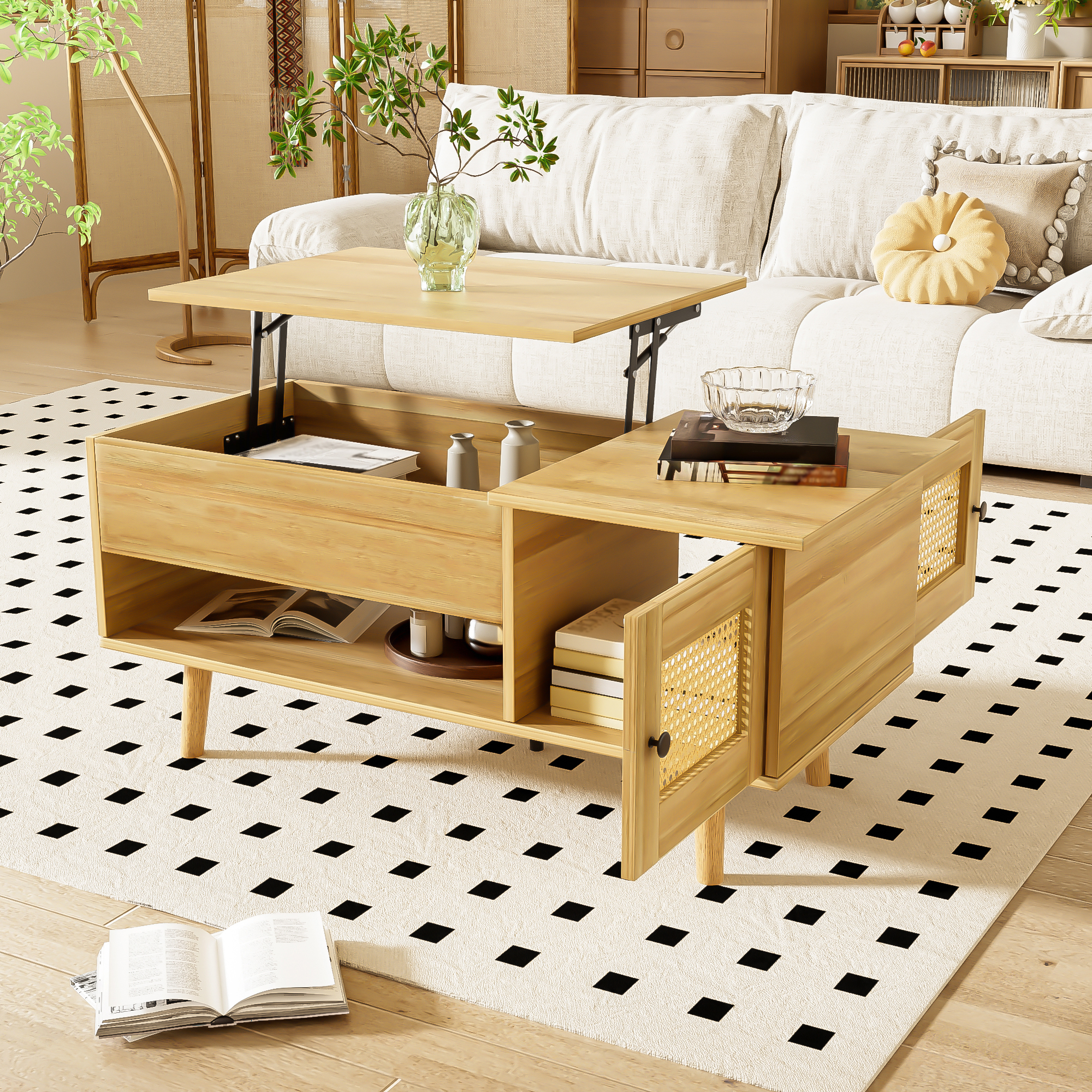 Elegant Coffee Table With Liftable Top And Rattan Doors, Wood Colour With Black Accents, Ideal For The Living Room - Practical Storage And Functional Design