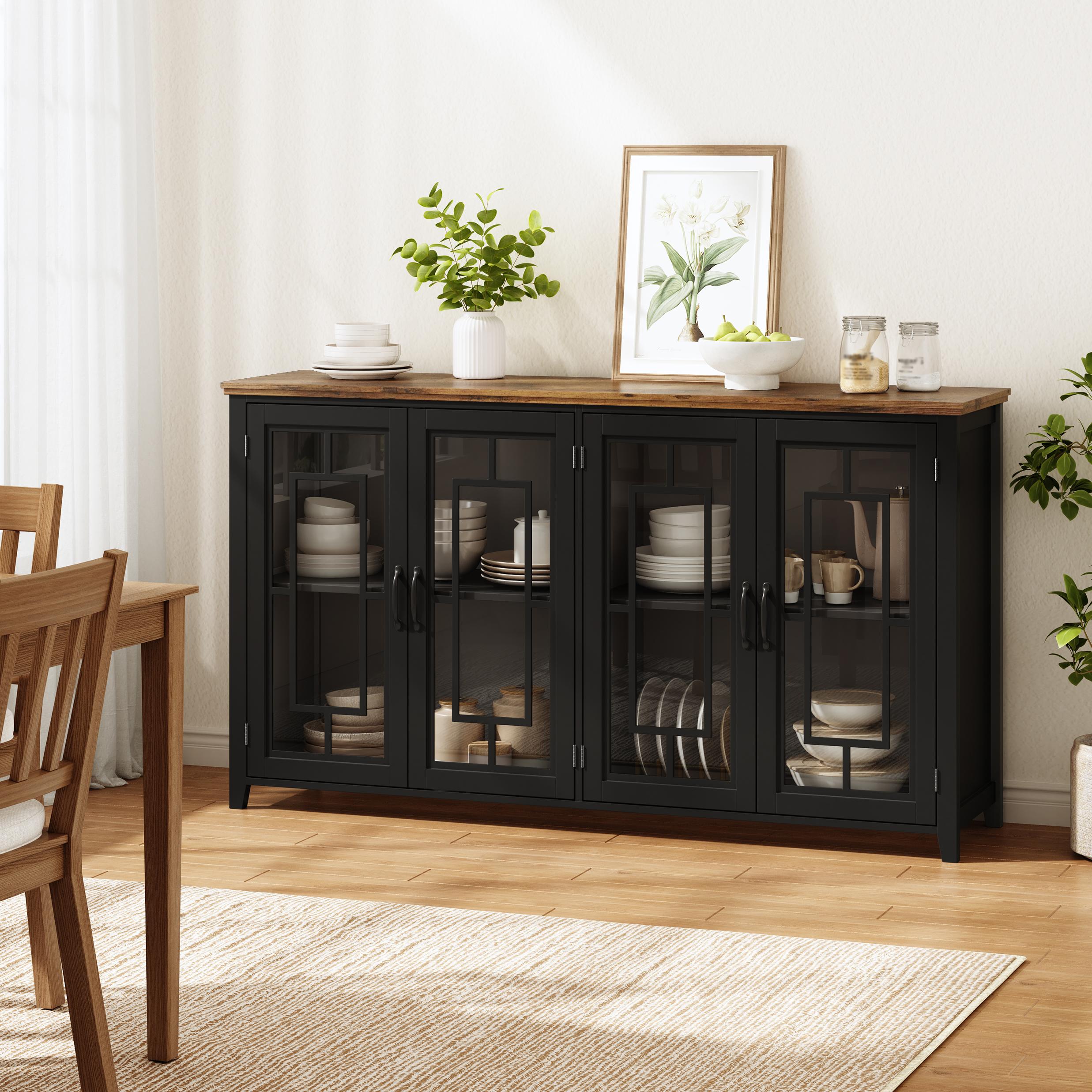 160cm Wide Kitchen Sideboard With Glass Doors, A Spacious Storage Compartment, A Wood-look Worktop And An Anti-tilt Device.This Modern Sideboard Is Suitable For Kitchens, Dining Rooms And Living Rooms