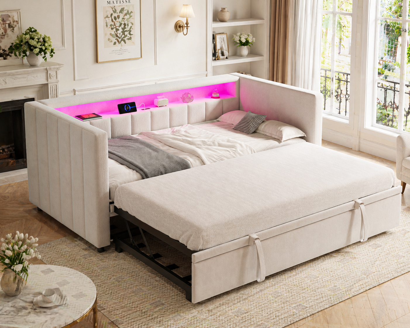 Multifunctional Sofa Bed 90x190 Cm With Pull-out Bed, USB Type-C Port, LED Ambience, Velvet Cover & Storage Space  Stylish Design For The Living Room, Guest Room Or Teenager's Room. Beige