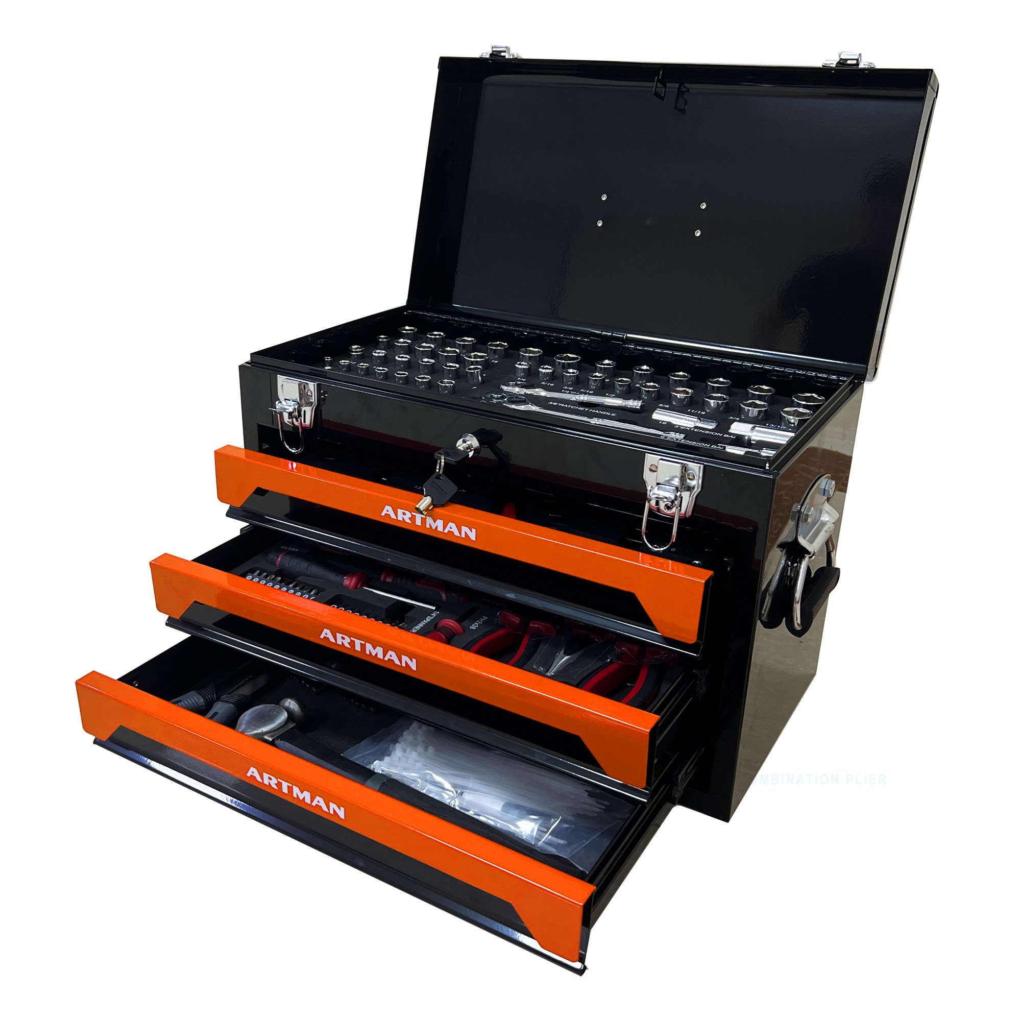 20in Portable Three-layer Clay Box, Four-tier Tools, Metal Latches, Top Cargo Space And Other Accessories. They Are Suitable For Garages, Apartment Or Work Table, Black & Orange  BLACK&Orang