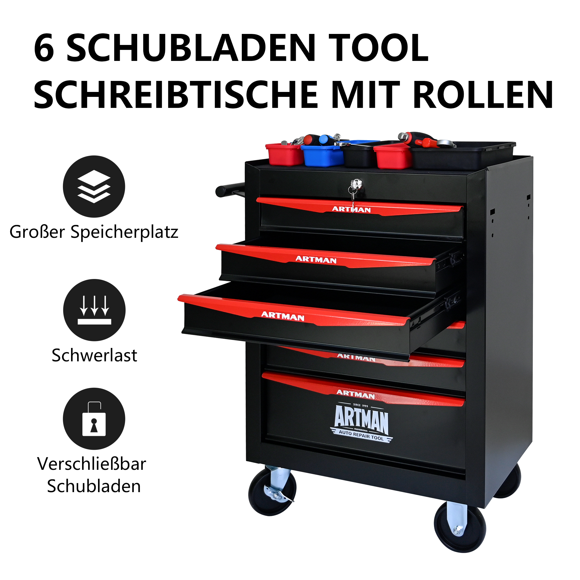 Rolling Metal Toolbox With 6Drawers, 6 Shy Tool Cabinet With Ball Bearing Drawer Slides, Steel Tool Storage Box Organizer Black & Red 5