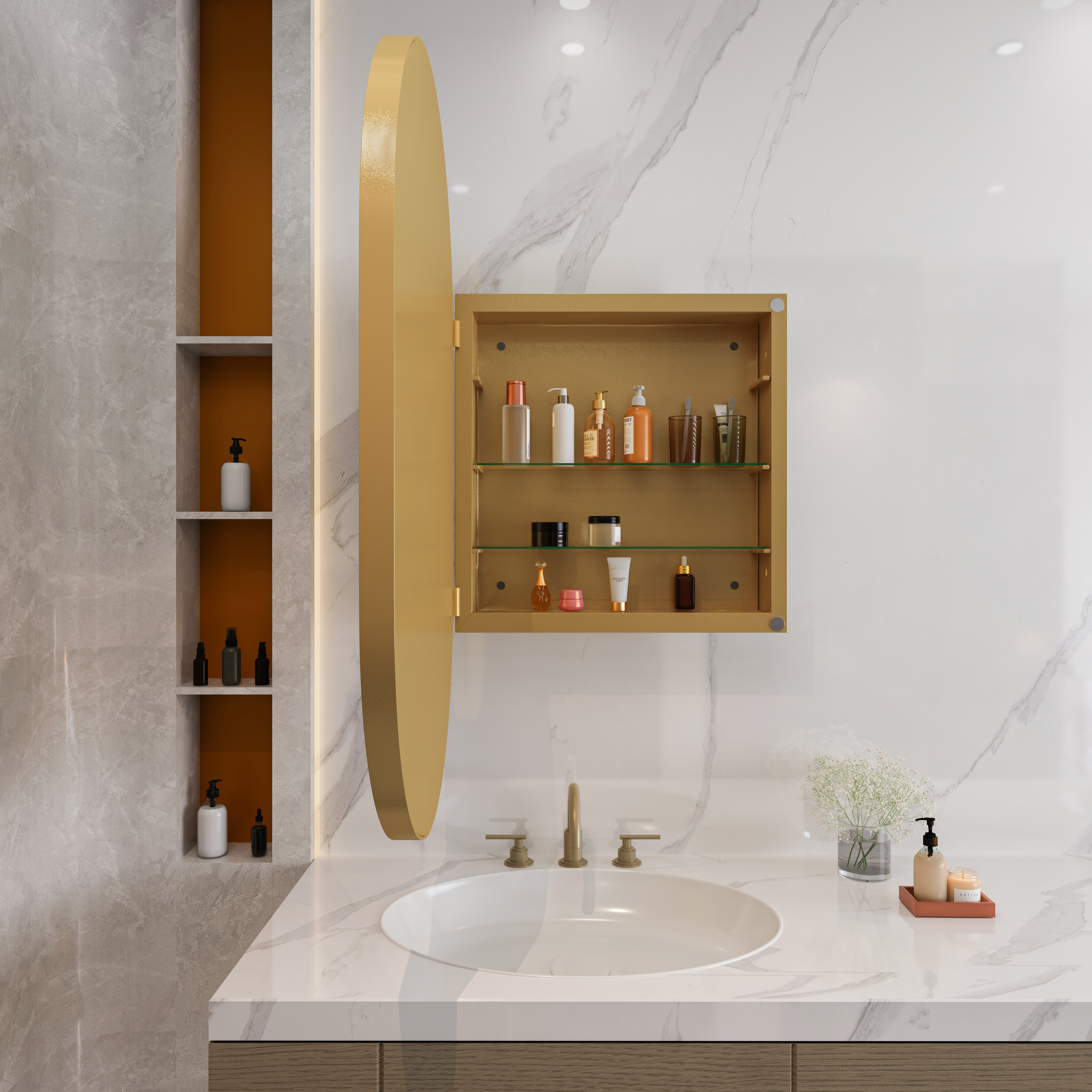 Stylish Oval Mirror Cabinet, Recessed Medicine Cabinet, Wall Cabinet With Metal Framed, Mirror And Adjustable Shelves, Mirror Cabinet With Storage For Bathroom, Living Room And Bedroom, Gold — foto 2