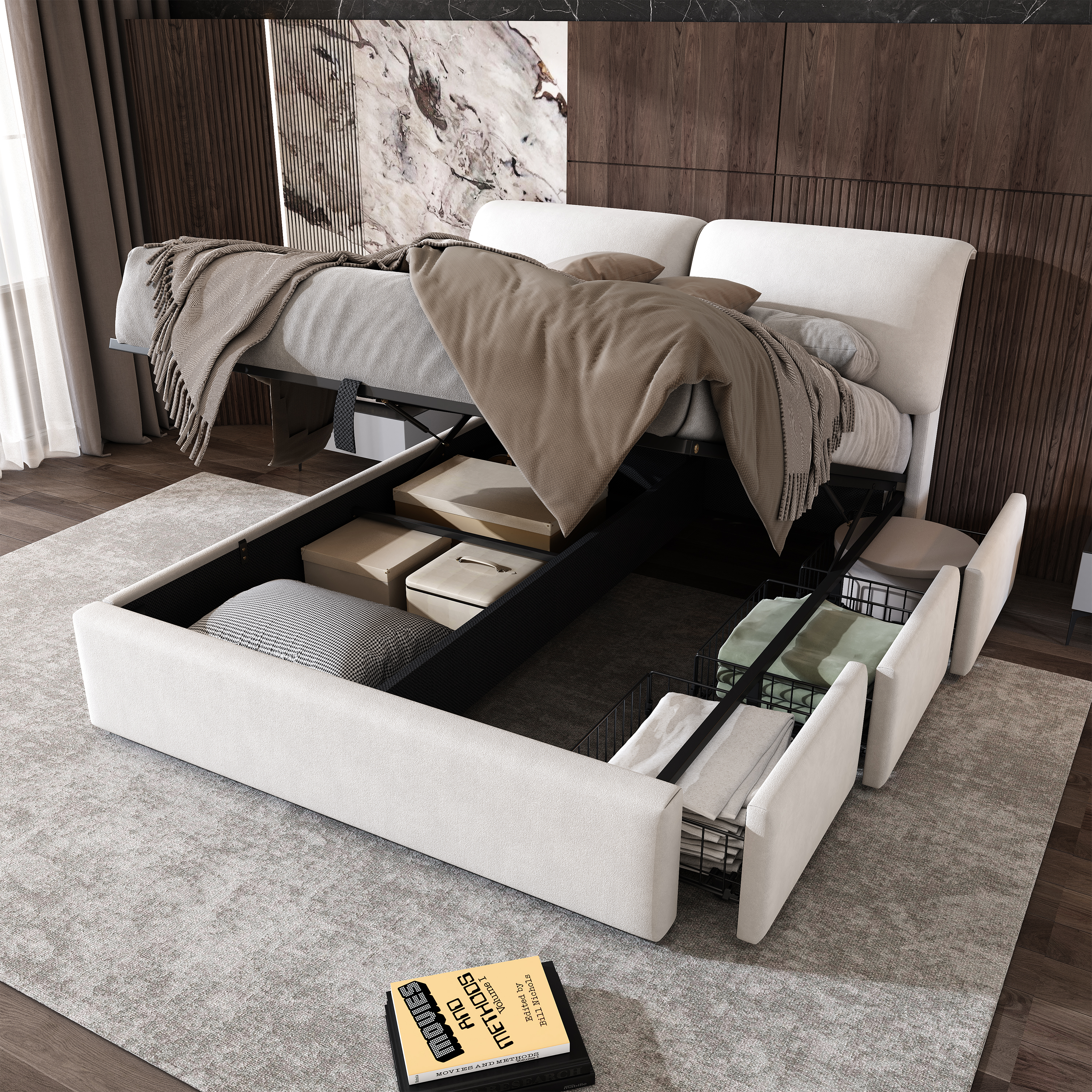 Upholstered Bed, 140x200, Hydraulic Bed, Three Drawers, Storage Storage Base, Slatted Base With Headboard, Without Mattress, Velvet, Beige