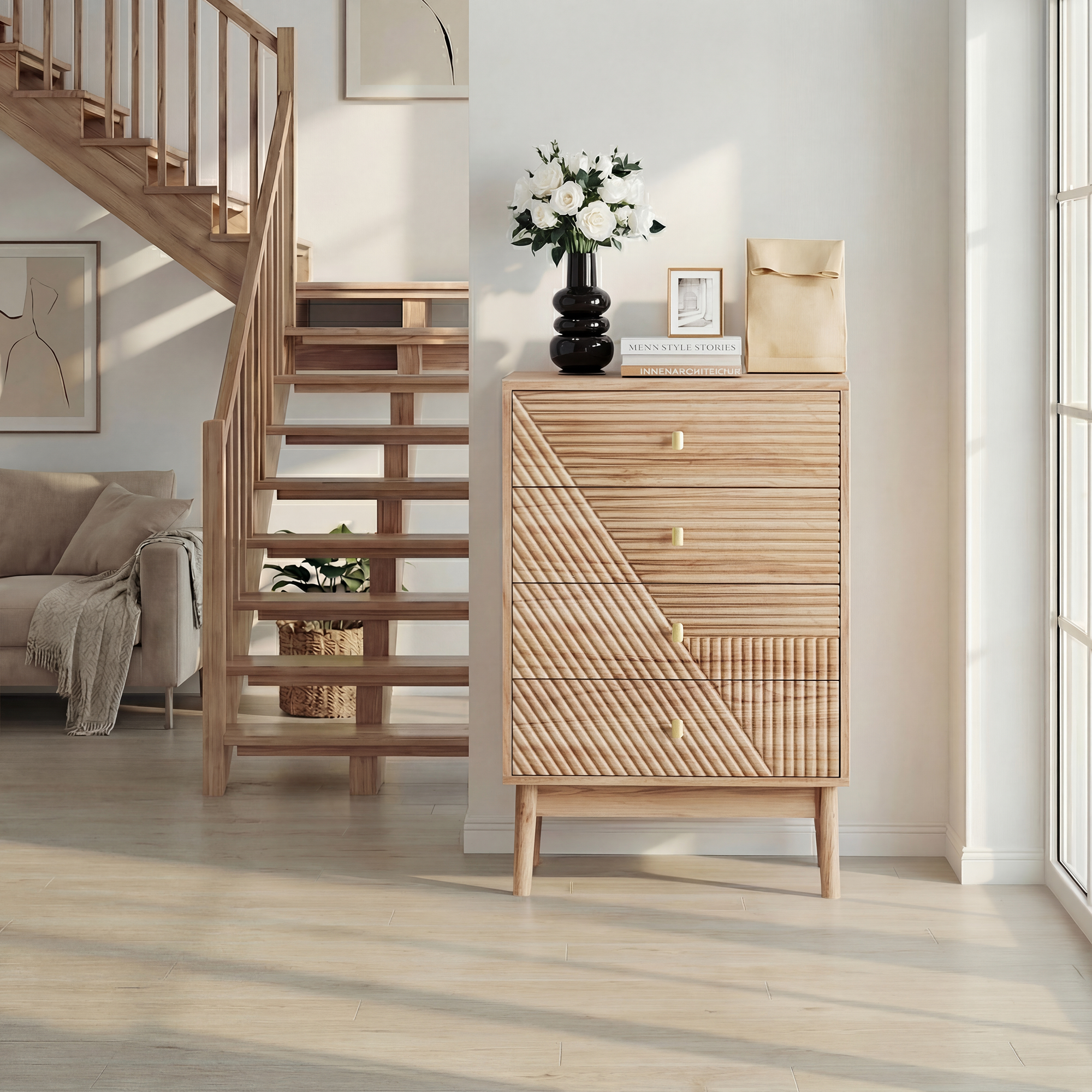 Four Drawer Chest Of Drawers, Modern Wardrobe Drawer Cabinet, Wooden Storage Cabinet, Dressing Table Storage Cabinet, Suitable For Living Room, Bedroom, Hallway  Oak Color