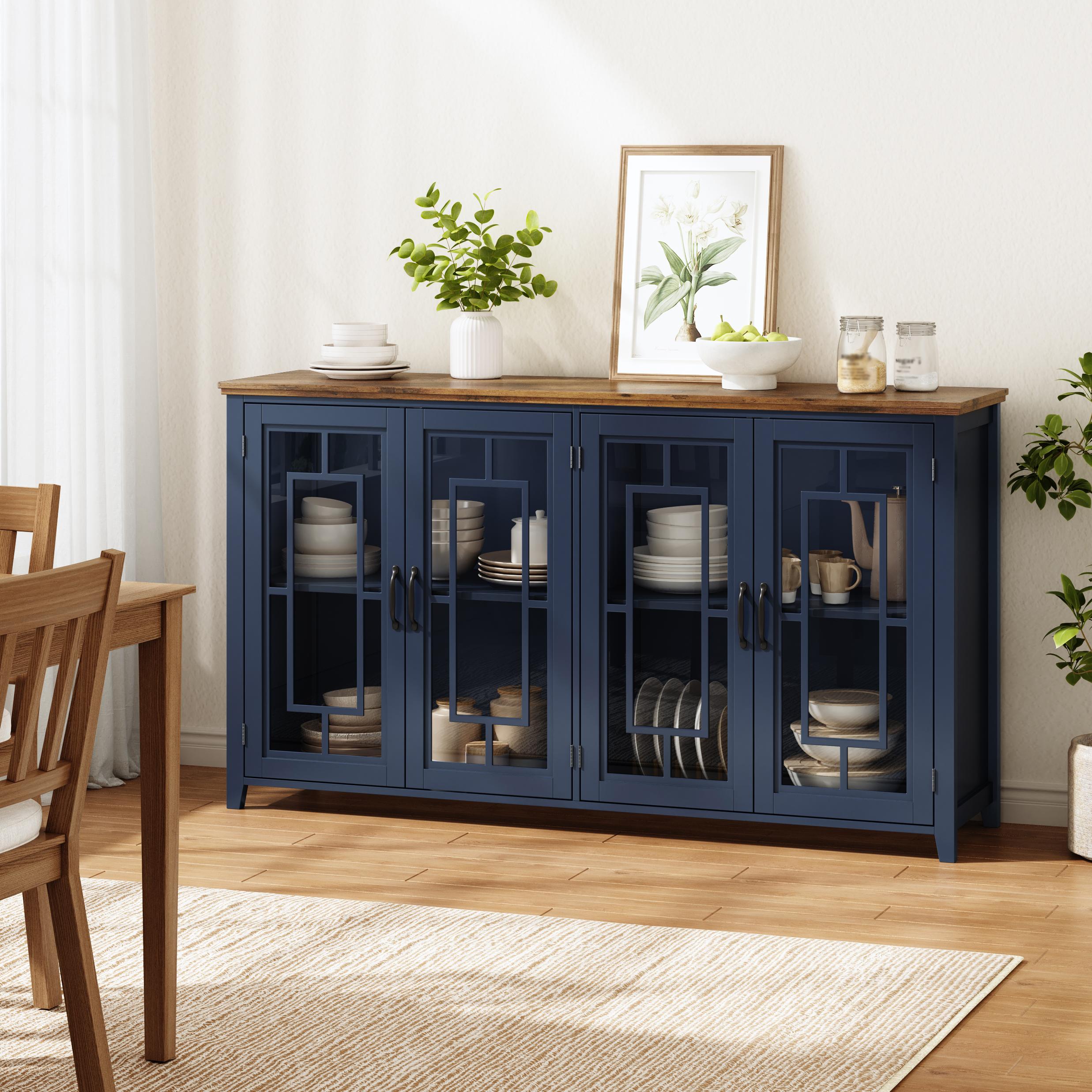 160cm Wide Kitchen Sideboard With Glass Doors, A Spacious Storage Compartment, A Wood-look Worktop And An Anti-tilt Device.This Modern Sideboard Is Suitable For Kitchens, Dining Rooms And Living Rooms