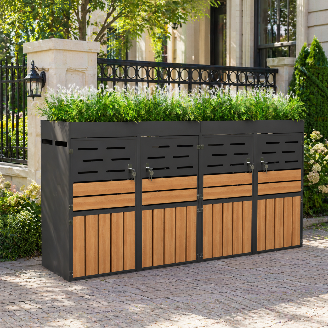 Multifunctional Outdoor Cabinet With Integrated Plant Box, Slat Ventilation, Four Separate Compartments, Galvanized Steel Frame And Safety Chain  For Storage & Garden Decoration  Without Waste Bin