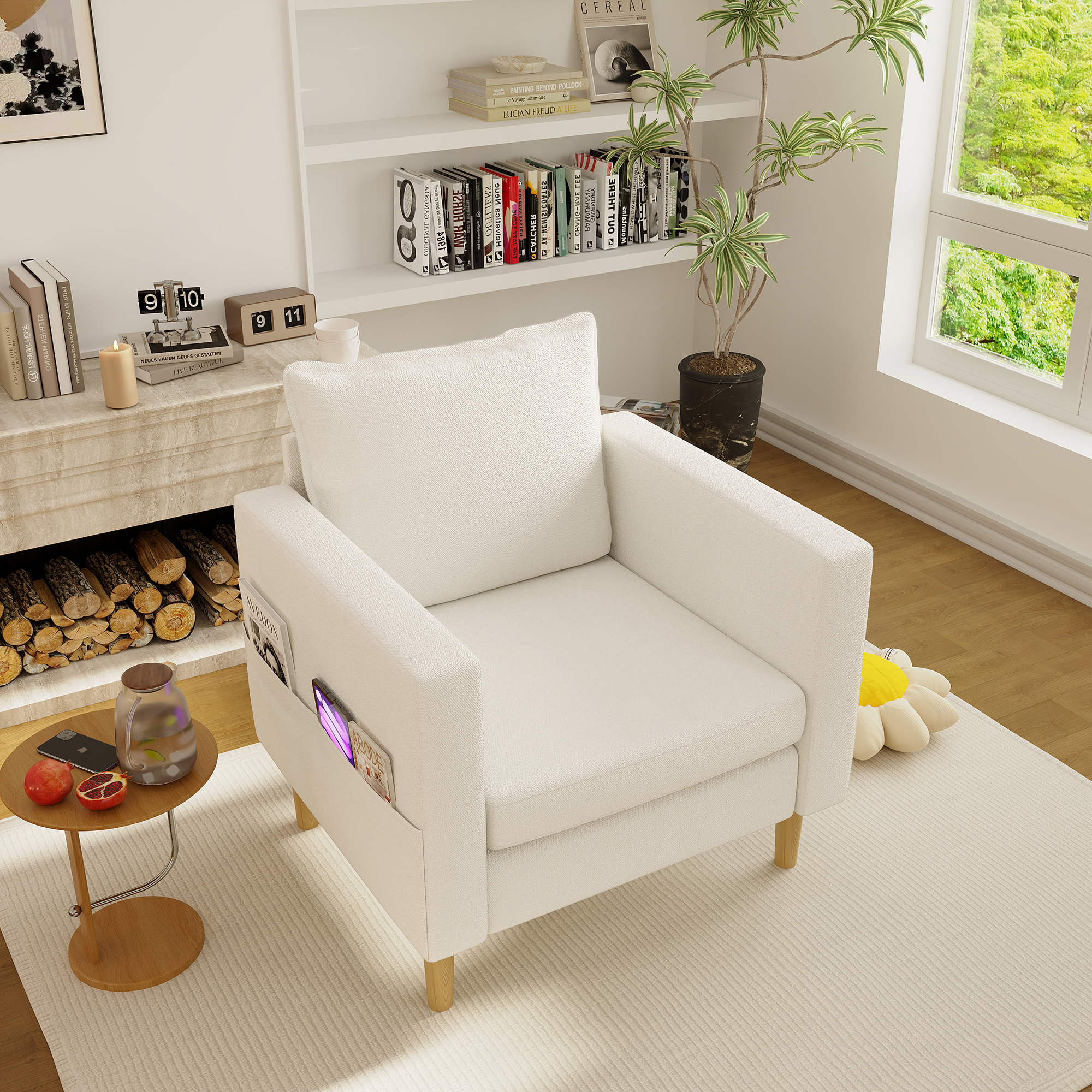 A Single-seater Leisure Chair With A Storage Bag And Comfortable Cushion, Ideal For Nordic-style Interiors And Reading Corners.  Beige Chenille