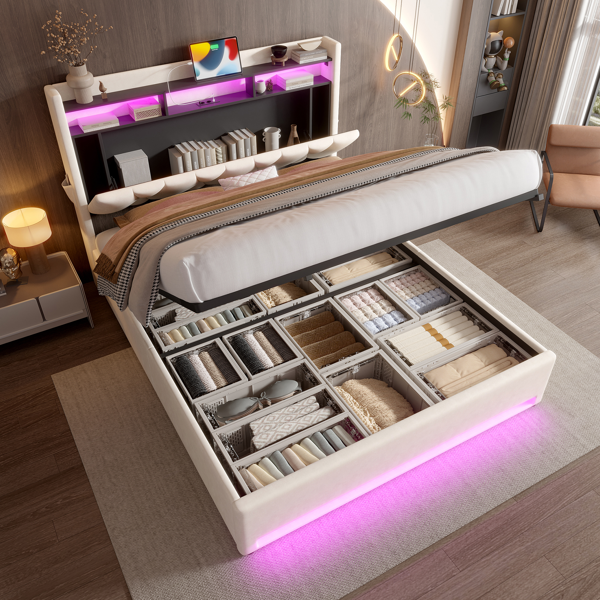 140 X 200cm Upholstered Bed Frame With LED Lighting, USB Type-C Charging And Underbed Storage, Storage Headboard, Hydraulic Storage Bed Frame, Beige, Without Mattress