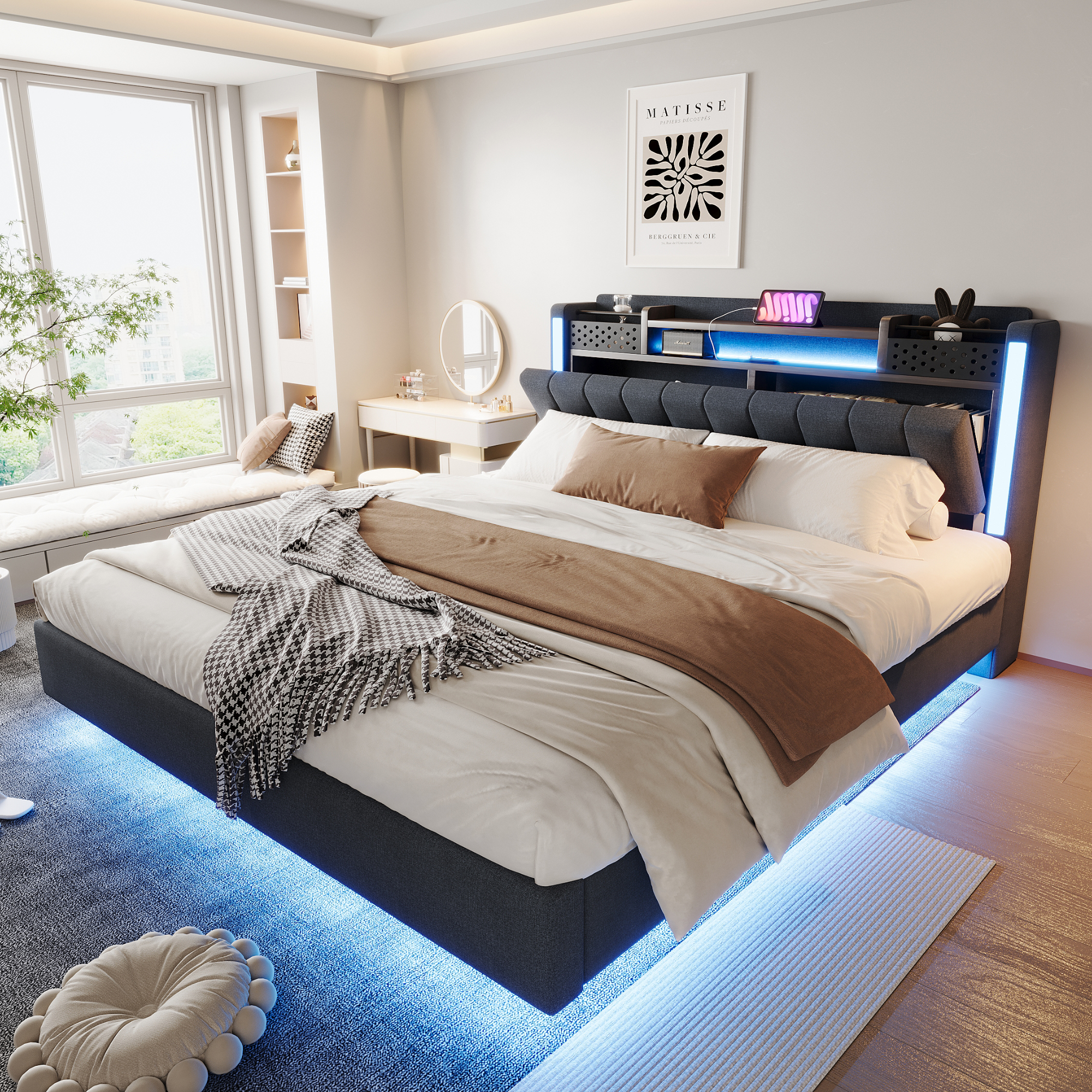 Upholstered Bed 160X200 With LED Lighting And USB Socket, Headboard With Storage Space, Floating Bed Youth Bed Adult Bed, Linen Fabric, Grey