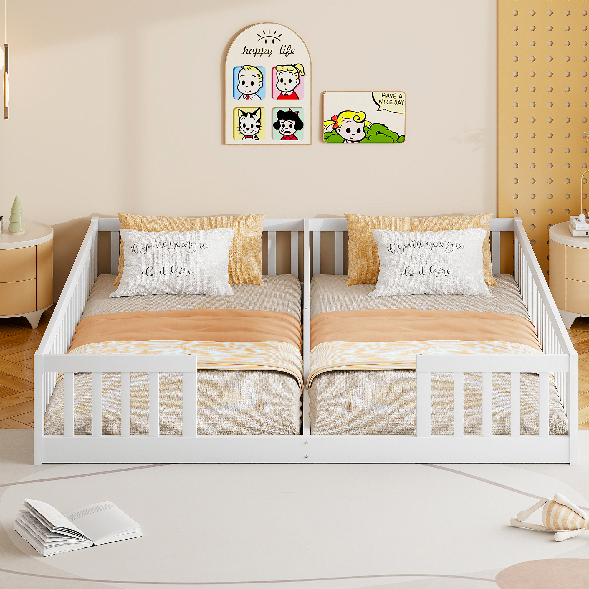 Panel Bed, 90 X 200 Cm, Cot With Rail, Without Slatted Base  Without Mattress , For Families With Two Children, Pinewood, Minimalist Style, White