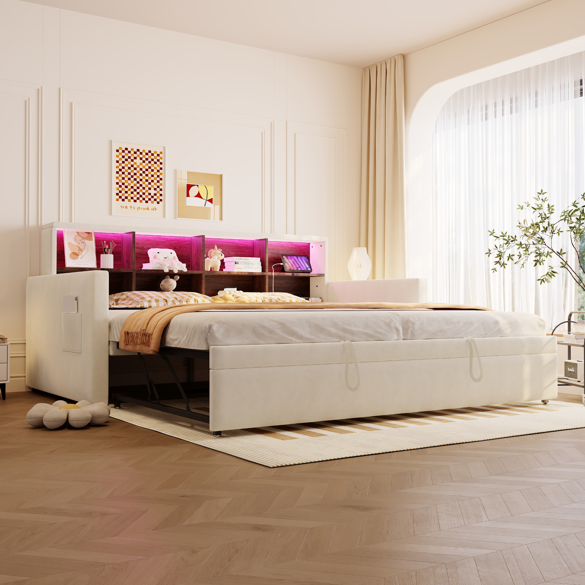 Upholstered Bed Sofa Bed 90x190cm, Headboard With Integrated Storage Compartments, LED Light Strip And Charging Sockets, With Pull-out Bed, Velvet Upholstery, Beige