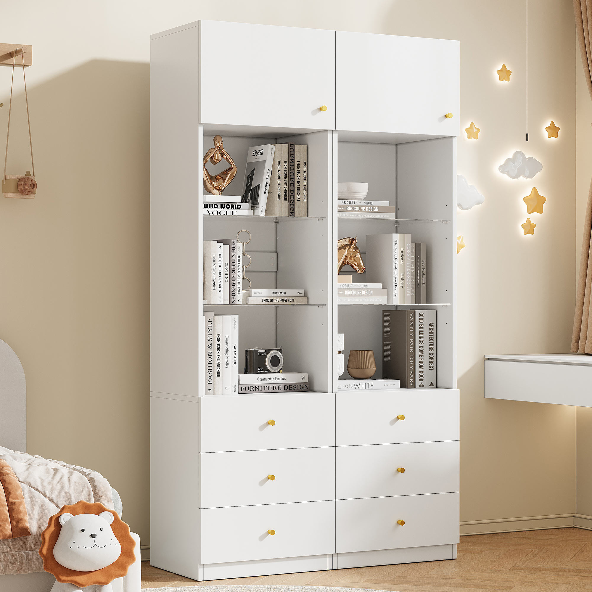Display Cabinet, Tall Cabinet, Storage Cabinet, Bookcase, With Open Storage, With Drawers, Height-adjustable Glass Shelves, White, Set Of 2, 1 0 0x40x180 Cm