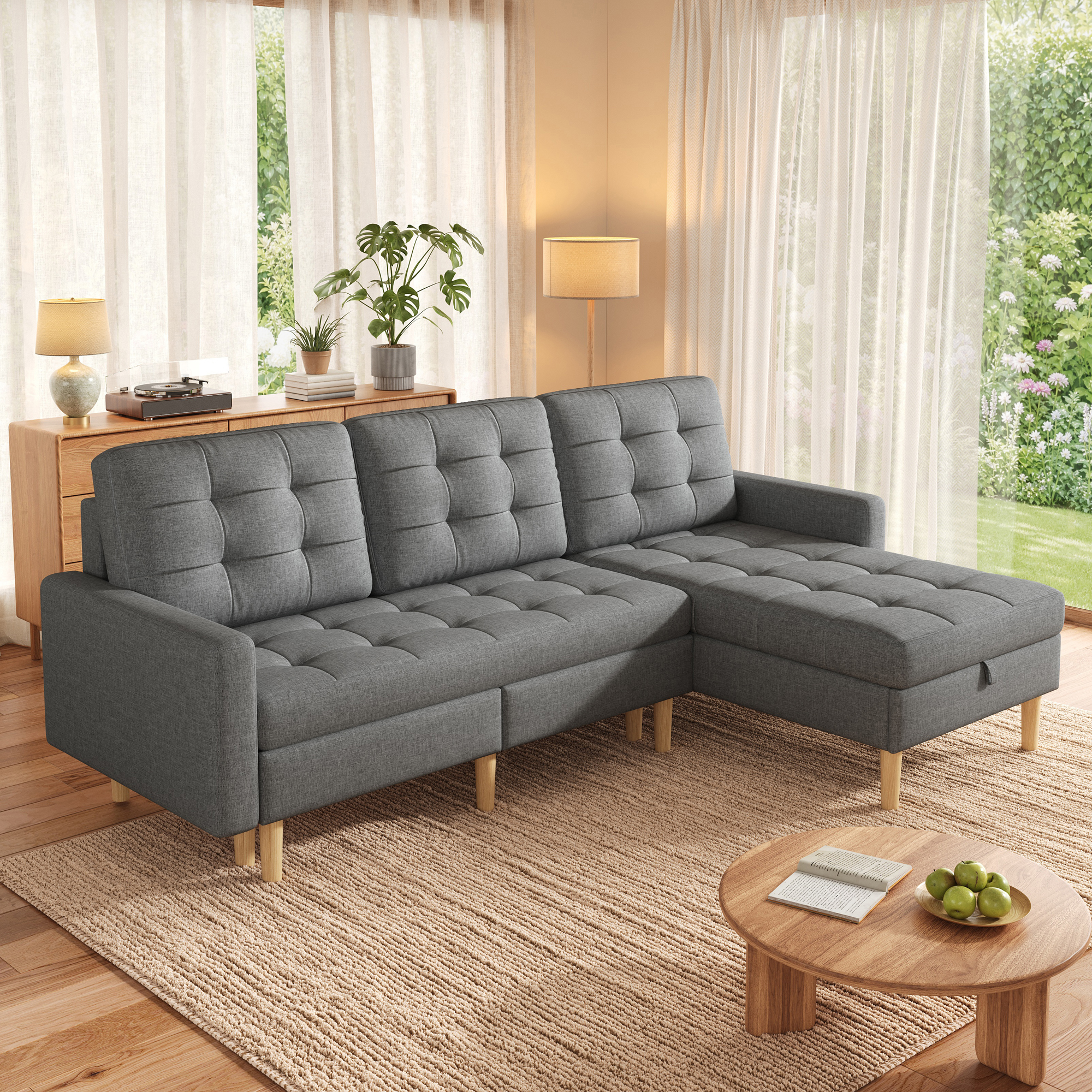 212x130x86cm Corner Sofa With Storage, L Sofa Changeable Chaise Longue, 3 Seater Corner Couch Non-woven Fabric, Corner Sofa For Small Apartment, Couch With Storage Compartment, Gray Living Room Sofa