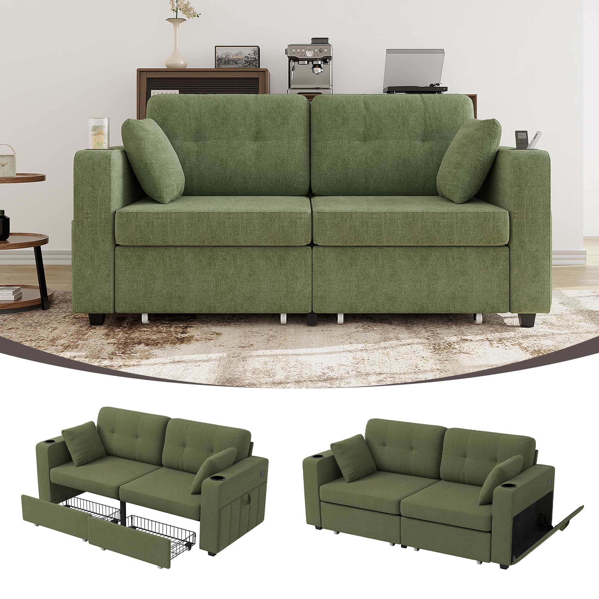 Two-seater Sofa With Two Storage Drawers And USB Charging Ports, With Cup Holders And Side Pockets, Equipped With Hidden Storage Compartments. Suitable For Living Rooms, Apartments And Reading Corners