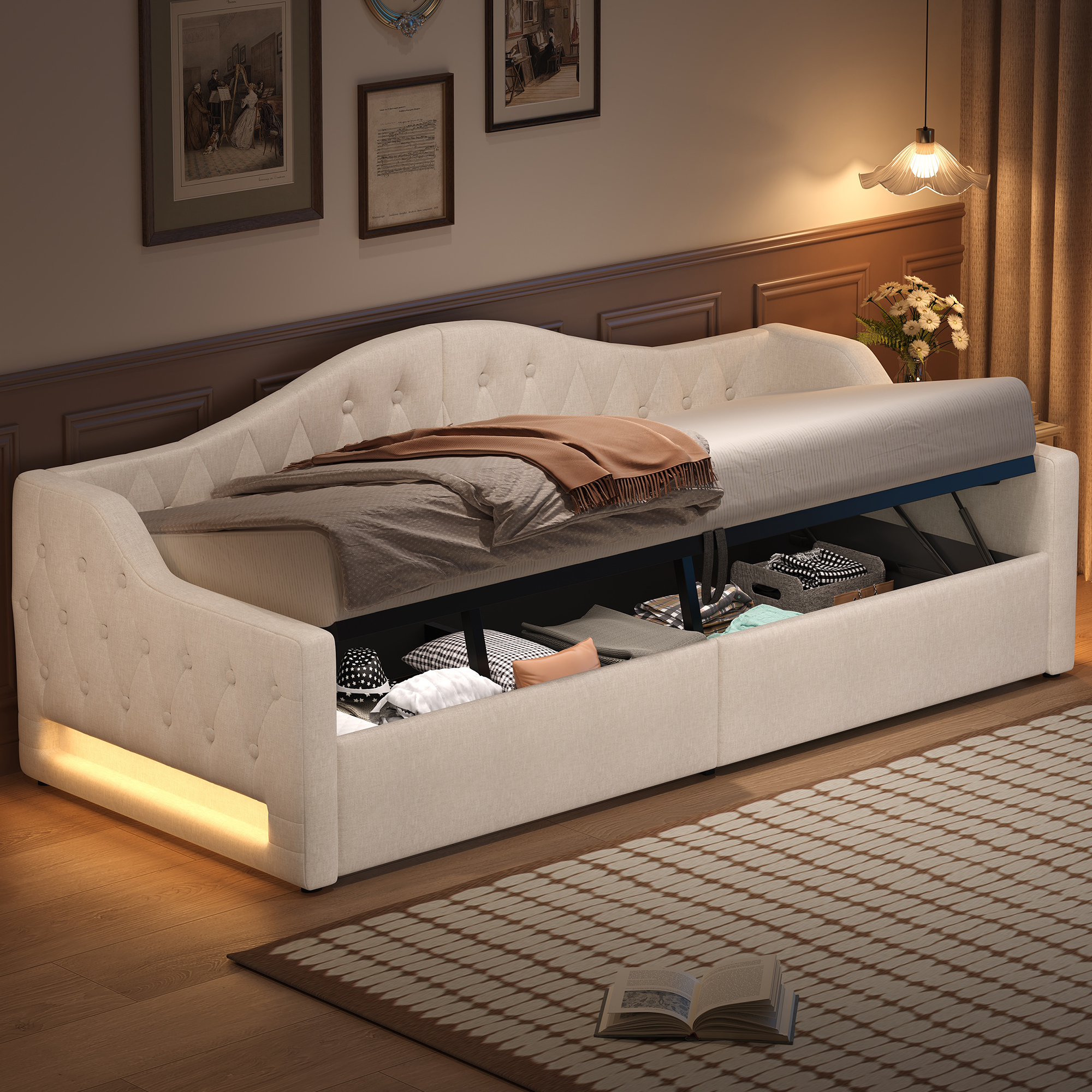 Padded 90x200 Daybed With LED Belt And Storage Underneath, Beige