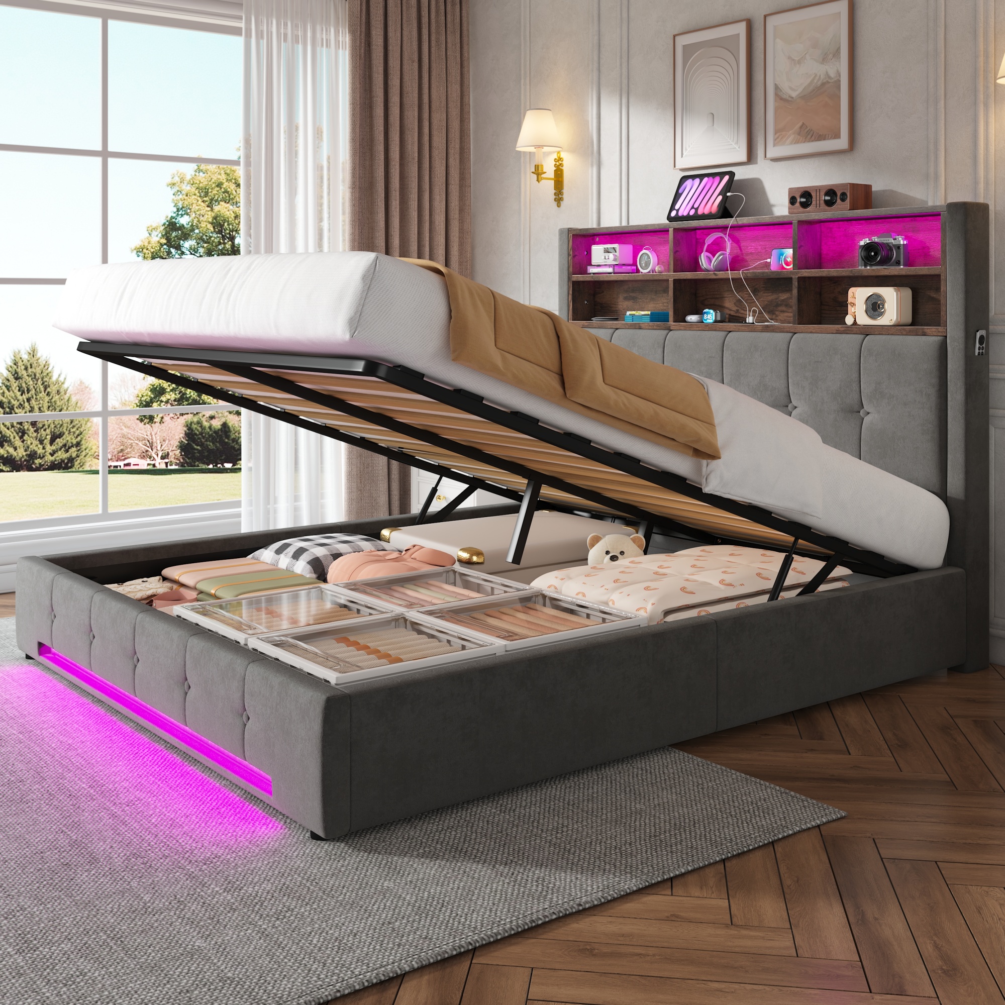 160x200 Cm Velvet Bed With Multifunctional Headboard 6 Compartments, Side Pockets, USB-C, LED, Hydraulic Function And Large, Dust-proof Storage Space Under The Bed - Practical Choice For The Bedroom.