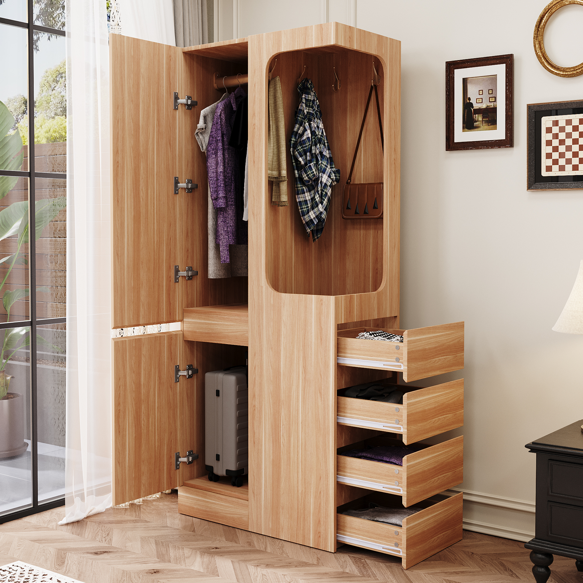 Wardrobe 70 X 40 X 170 Cm, With Drawers And Storage Compartments, Open Wardrobe Area, Single Door, Wood Colour