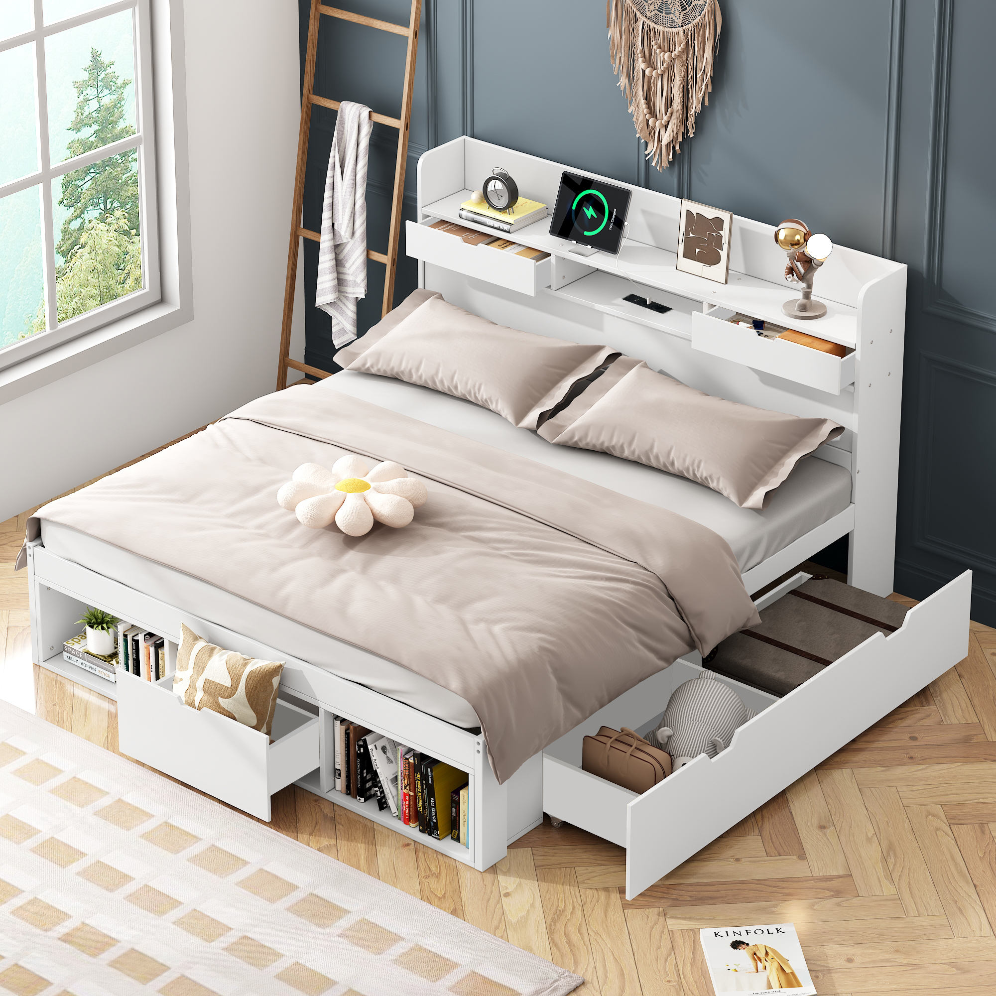 Double Bed, 140X200cm, With USB Port & Drawers & Storage Cupboard, Cot, Youth Bed, Multifunctional Bed, Large Storage Space, Without Mattress, White