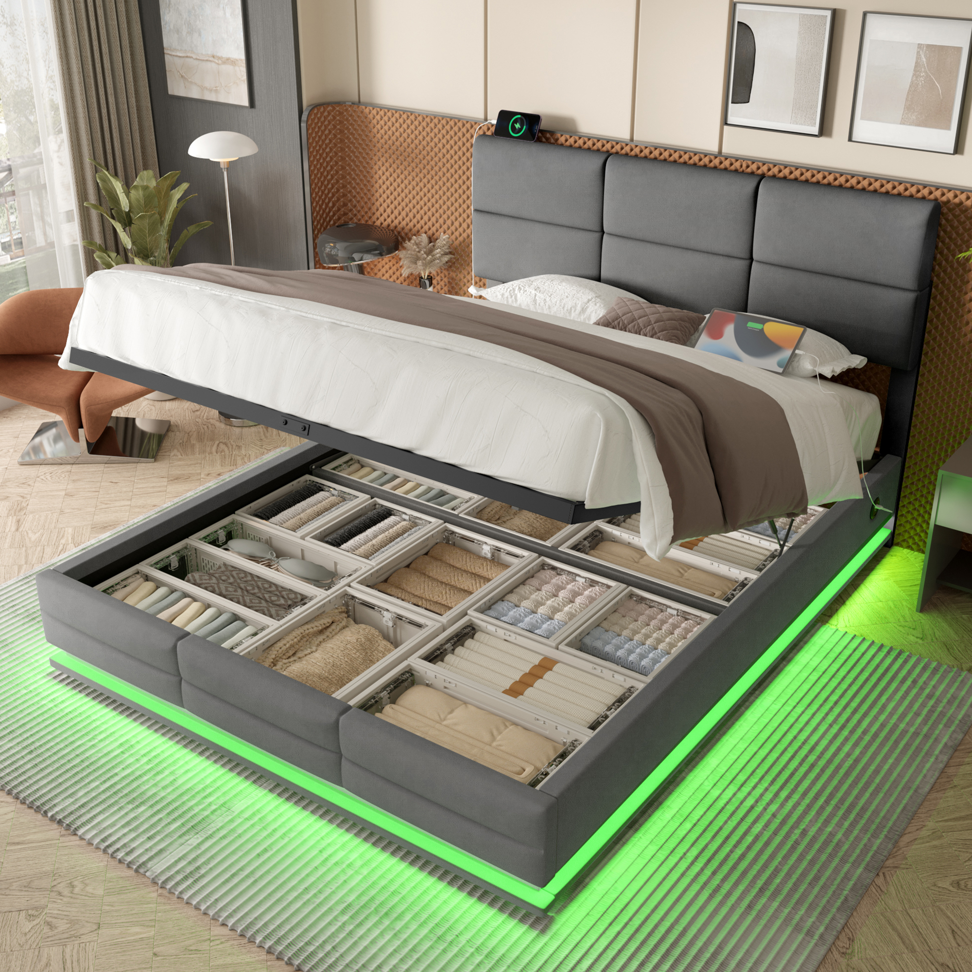 180x200 Cm Modern Velour Upholstered Bed With Height-adjustable Headboard - Incl. USB Type-C Ports, LED Ambient Lighting, Hydraulic Lift System & XXL Storage Space  Without Mattress - Grey