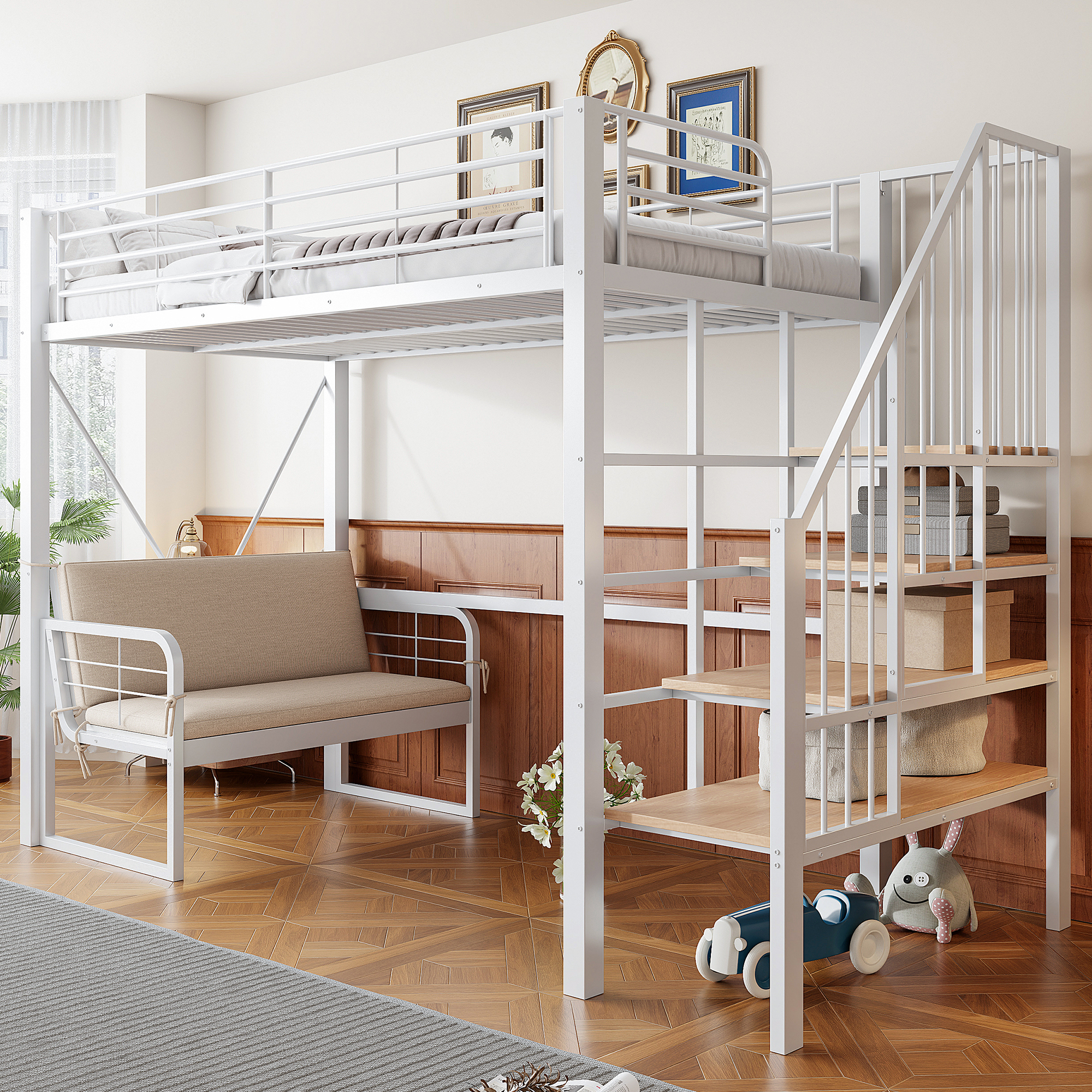Bunk Bed  90 X 200  With Sturdy Metal Frame, Loft Bed With Removable Upholstered Sofa, Storage Space And Safety Stairs. Suitable For Children, Teenagers And Adults White