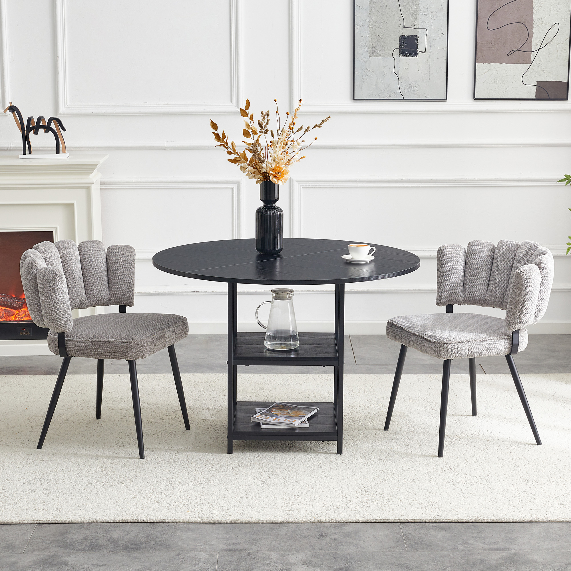 Table And Chair Set  Round 107 Cm Dining Table With Double Storage Level  2 Grey Dining Chairs With Flower-shaped Backrest In Textured Fabric  Industrial Style Set For Small Apartments.
