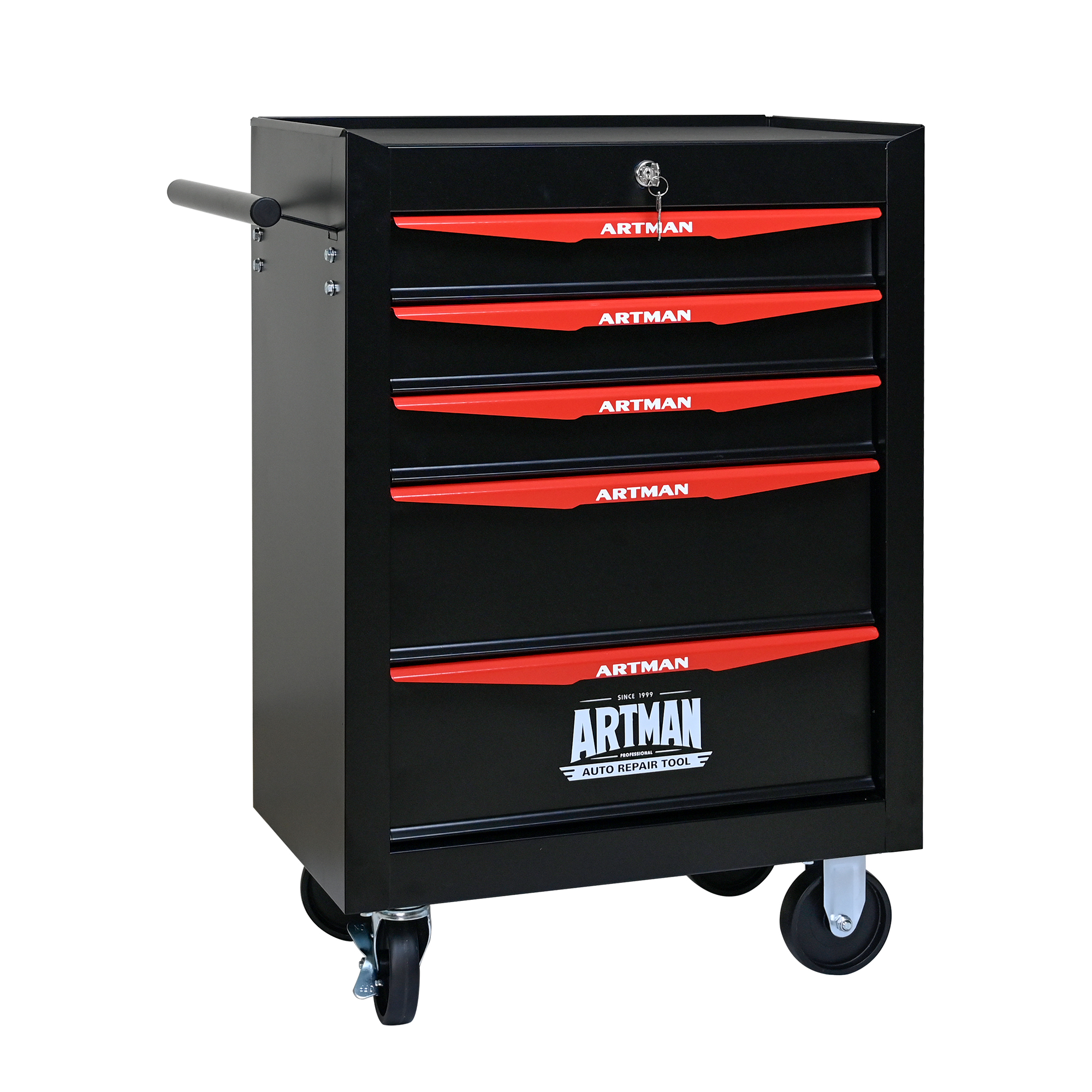 Rolling Metal Toolbox With 5 Drawers, 5 Shy Tool Cabinet With Ball Bearing Drawer Slides, Steel Tool Storage Box Organizer Black&Red